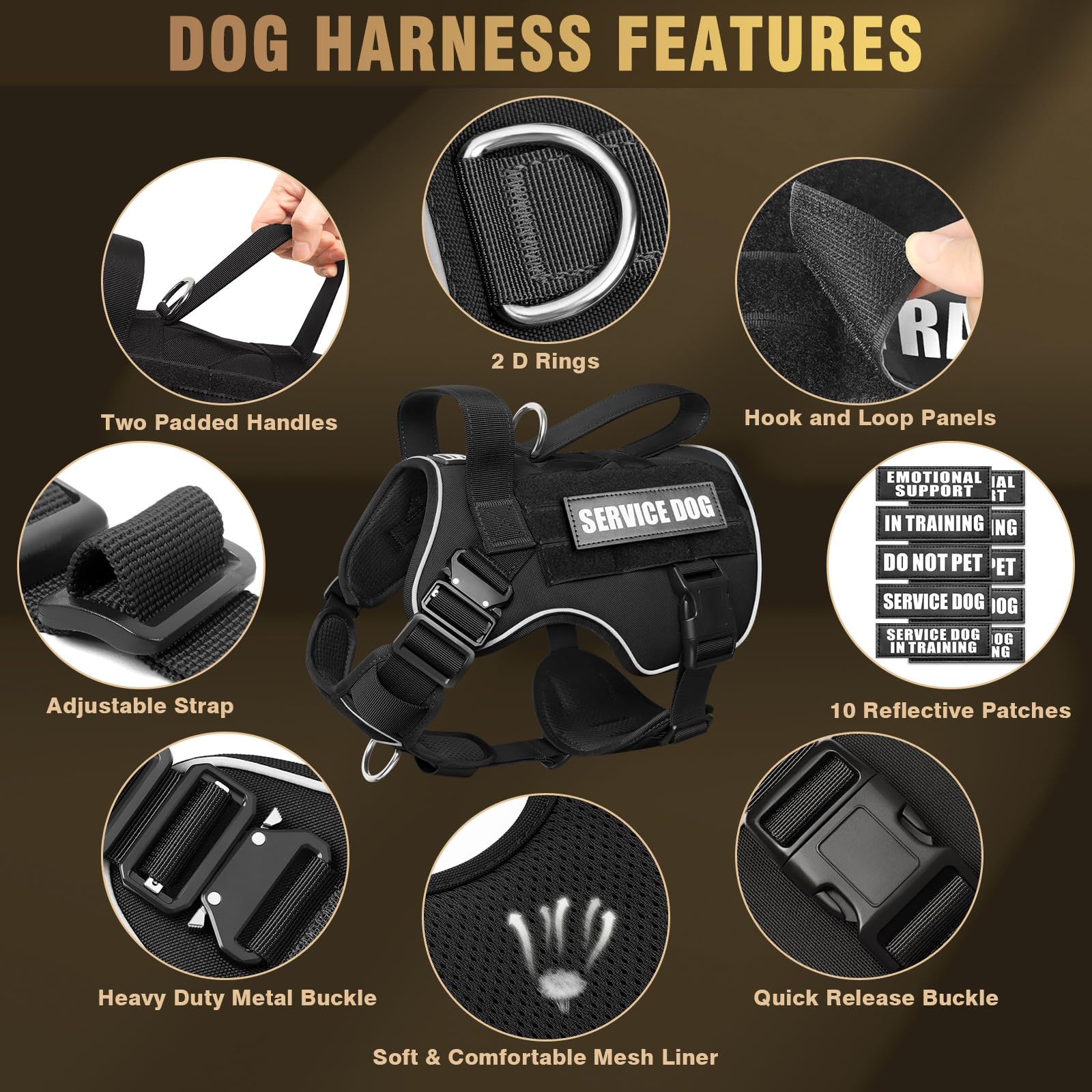 WINSEE Tactical Dog Harness, Heavy Duty MOLLE Vest, No Pull, X-Large, Black, Includes 10 Pet Patches for Training & Walking