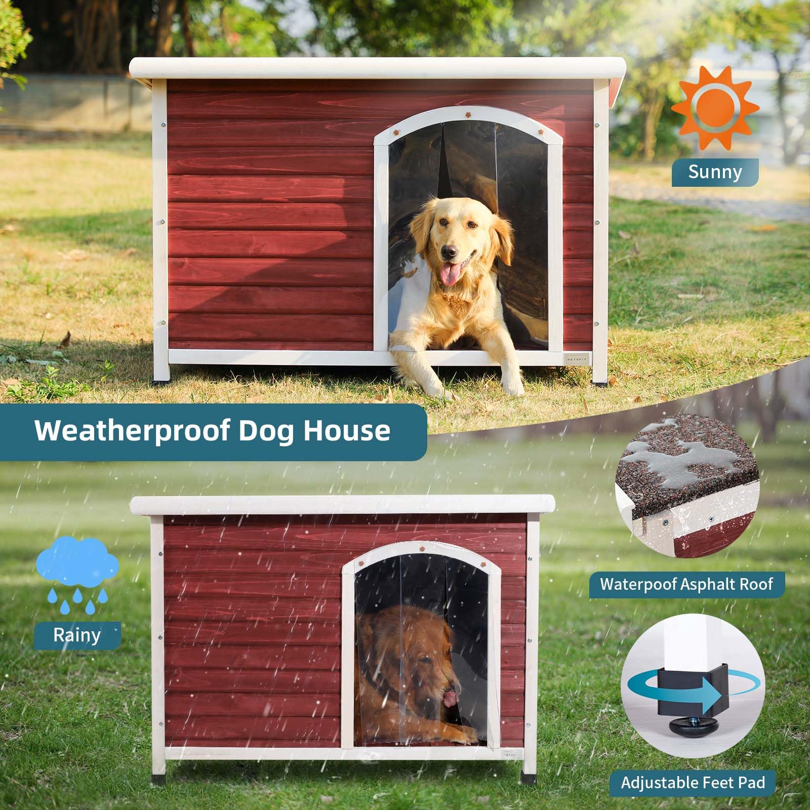 Petsfit Extra Large Dog House, Outdoor Wooden Dog House For Large Dogs, Red, 45.6'L X 31'W X 32'H
