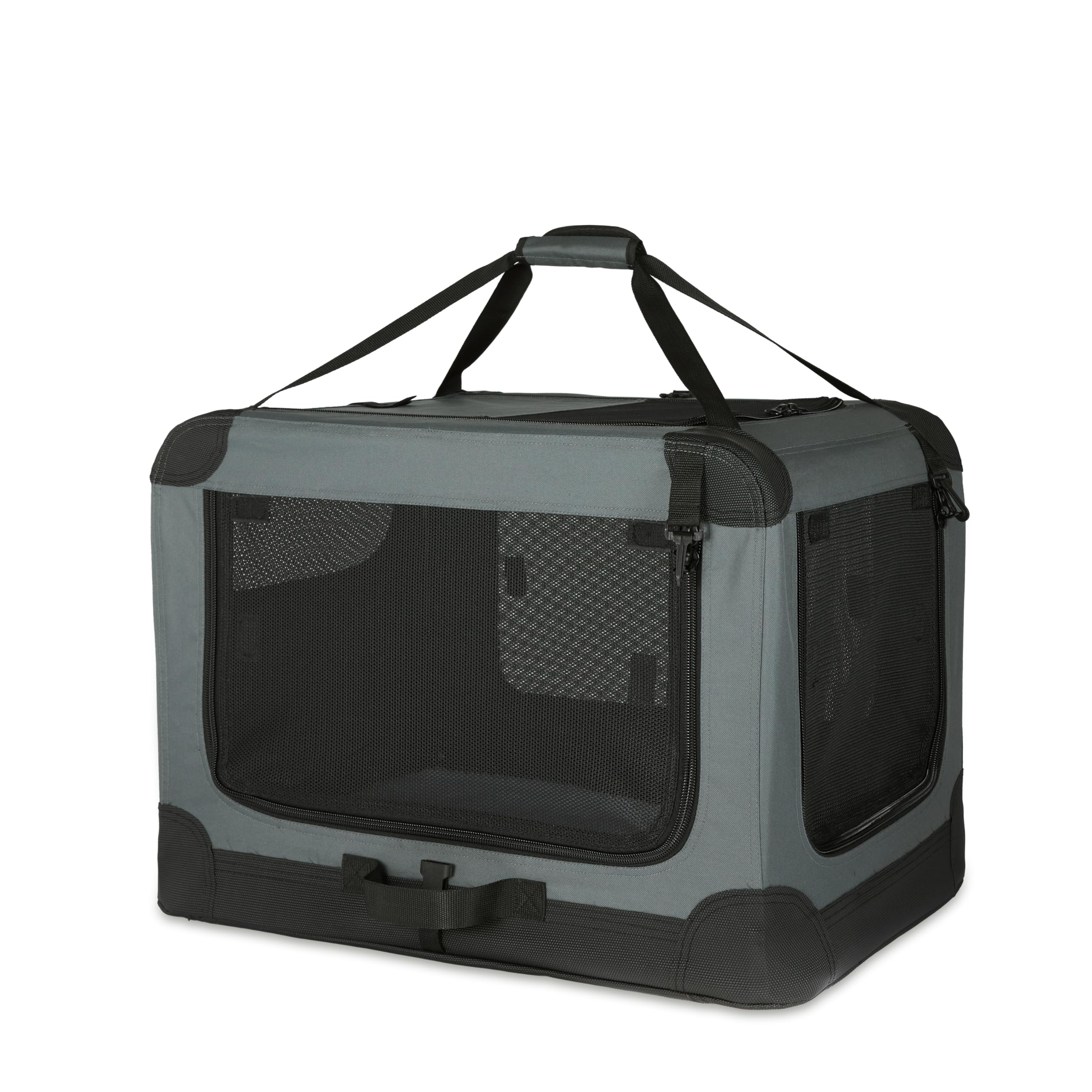 Amazon Basics 4-Doors Portable Soft-Sided Folding Travel Crate Kennel for cat, Dog, and Other Small Animals, Grey, S 26 x 18 x 1