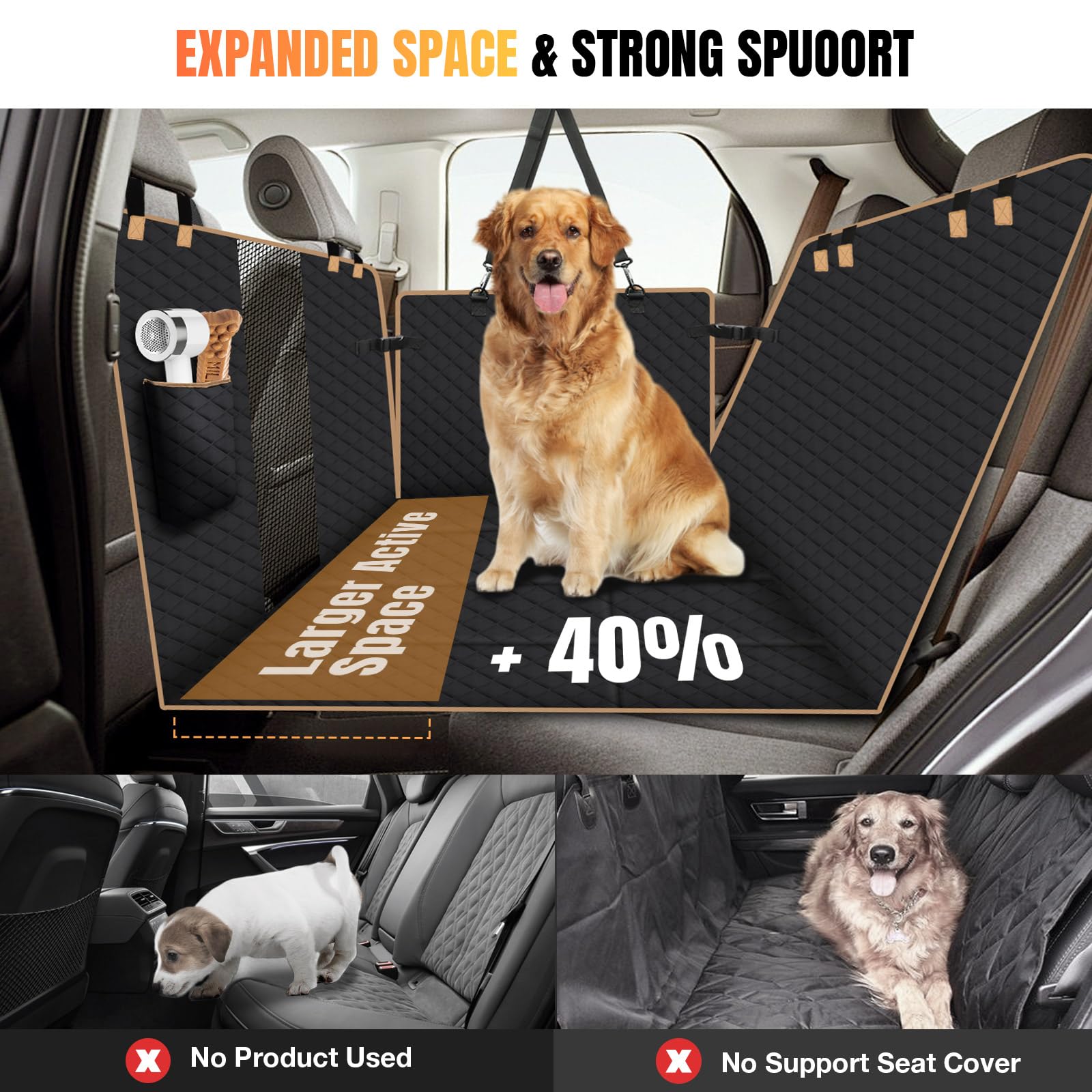 Lekespring Dog Car Seat Cover, Black Hammock for Cars & SUVs, Model PT24003, Strong Hard Bottom, 4 Panels, Back Seat Extender