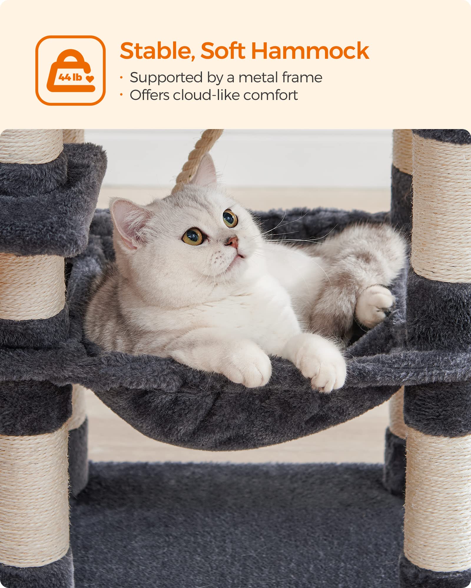 Feandrea Cat Tree, 44.1-Inch Cat Tower For Indoor Cats, Multi-Level Cat Condo With 11 Scratching Posts, 2 Perches, Cave, Hammock