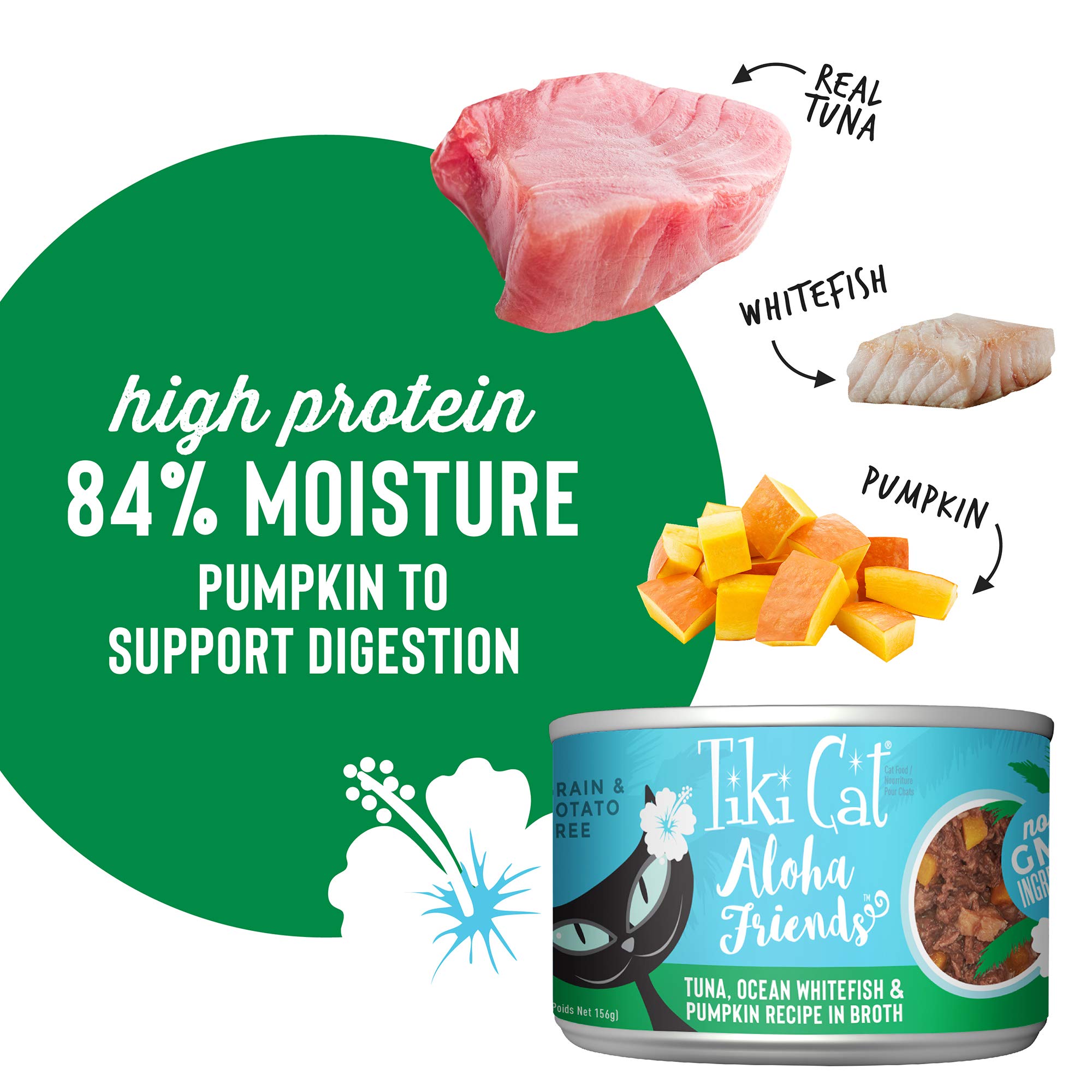 Tiki Cat Aloha Friends, Tuna, Ocean Whitefish & Pumpkin, Grain-Free & High Moisture, Wet Cat Food for All Life Stages 5.5 oz. Ca