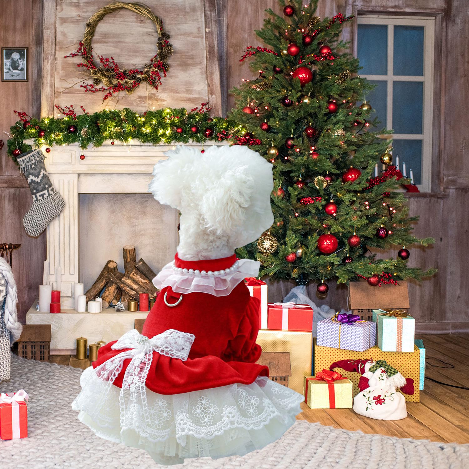 Fladorepet Dog Christmas Costume Outfits,Red Velvet Small Dog Bowknot Pearl Dress Tutu Skirt, Winter Cat Clothes Pet Apparel (Re