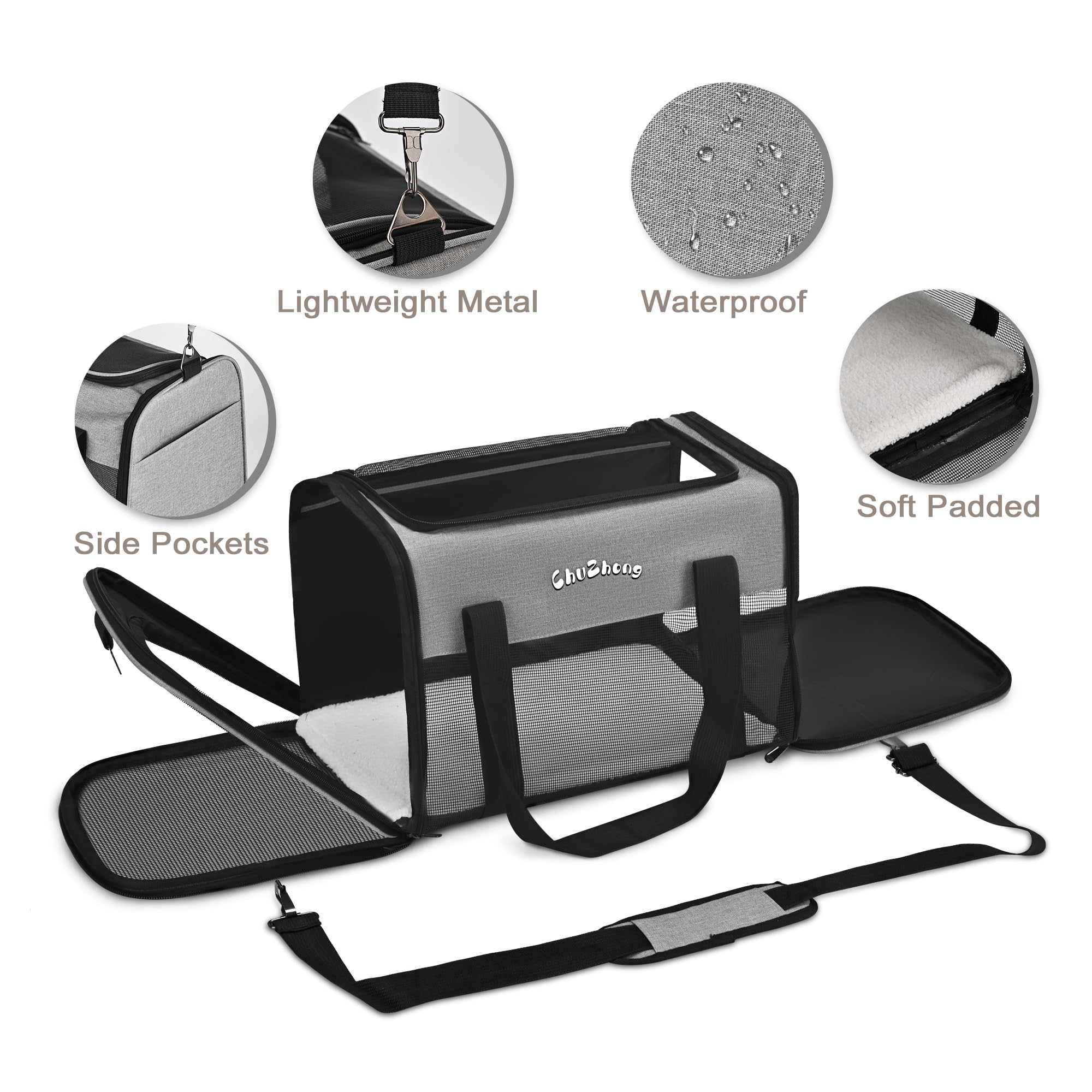 Chuzhong Airline Approved Pet Carrier for Cats & Small Dogs (Up to 18 lbs) - Soft Sided Travel Carrier, Grey, 17"L x 11"W x 11"H