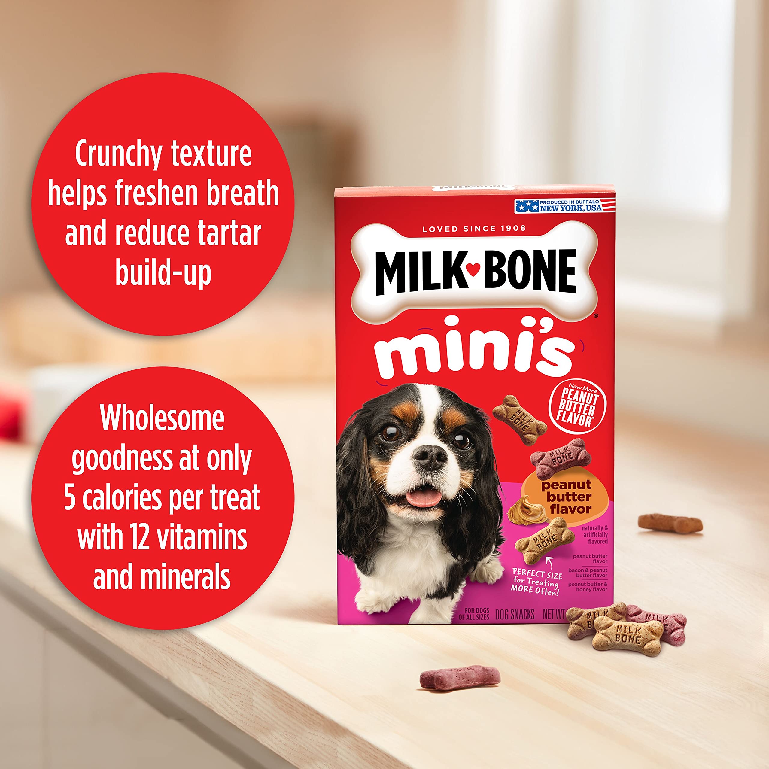 Milk-Bone Minis Peanut Butter Flavor Dog Treats for All Size Dogs, 15 Ounce (Pack of 6), Crunchy Texture Helps Freshen Breath