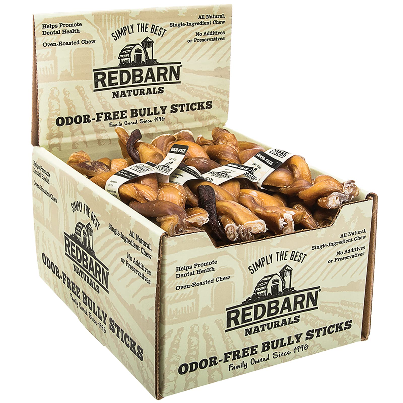 Redbarn Pet Products Odor-Free 7 Inch Braided Bully Braids - Case of 20 Sticks - Long Lasting 100% Beef Chews for Small Medium L