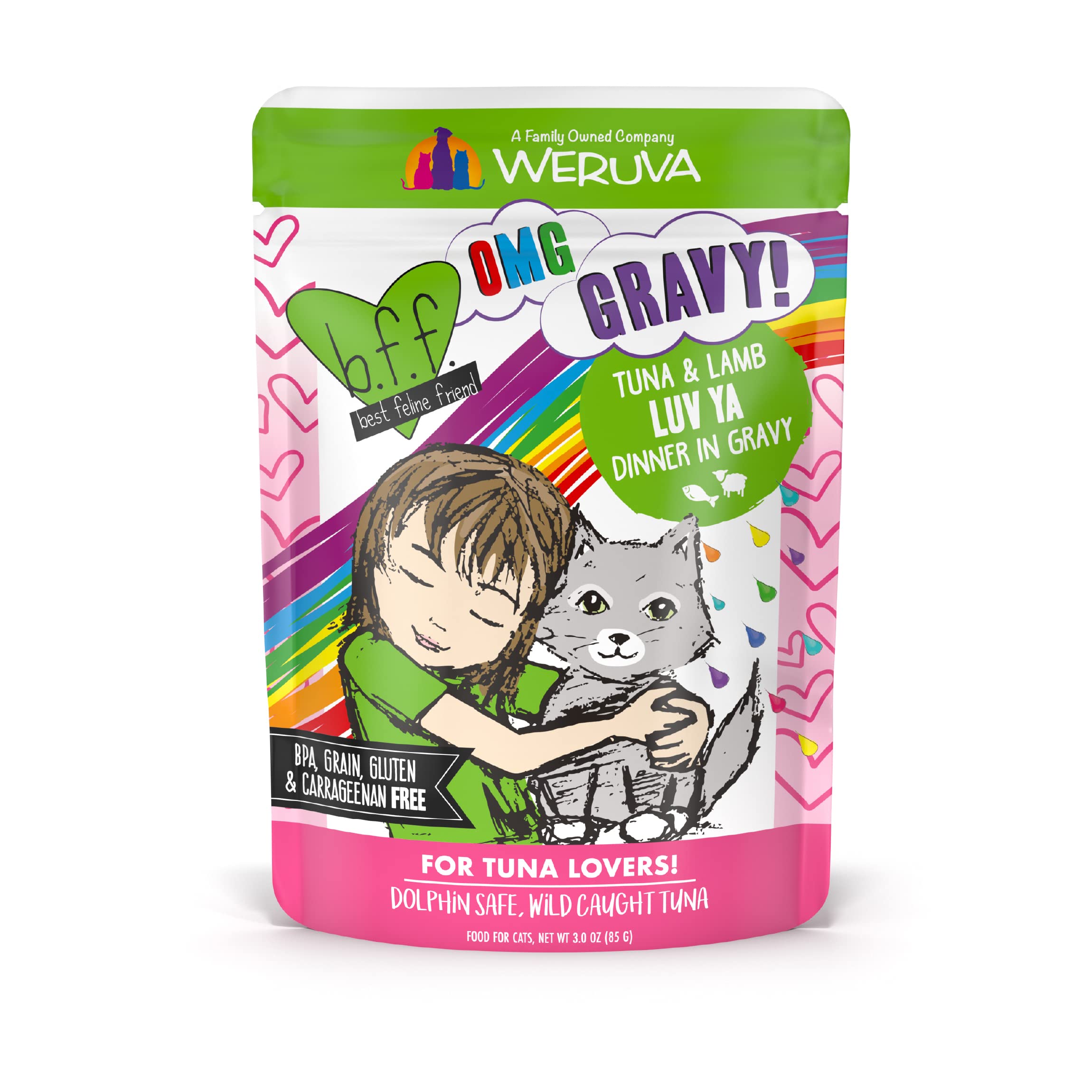 Weruva B.F.F. OMG - Best Feline Friend Oh My Gravy!, Tuna & Lamb Luv Ya with Tuna & Lamb in Gravy Cat Food, 3oz Pouch (Pack of 1