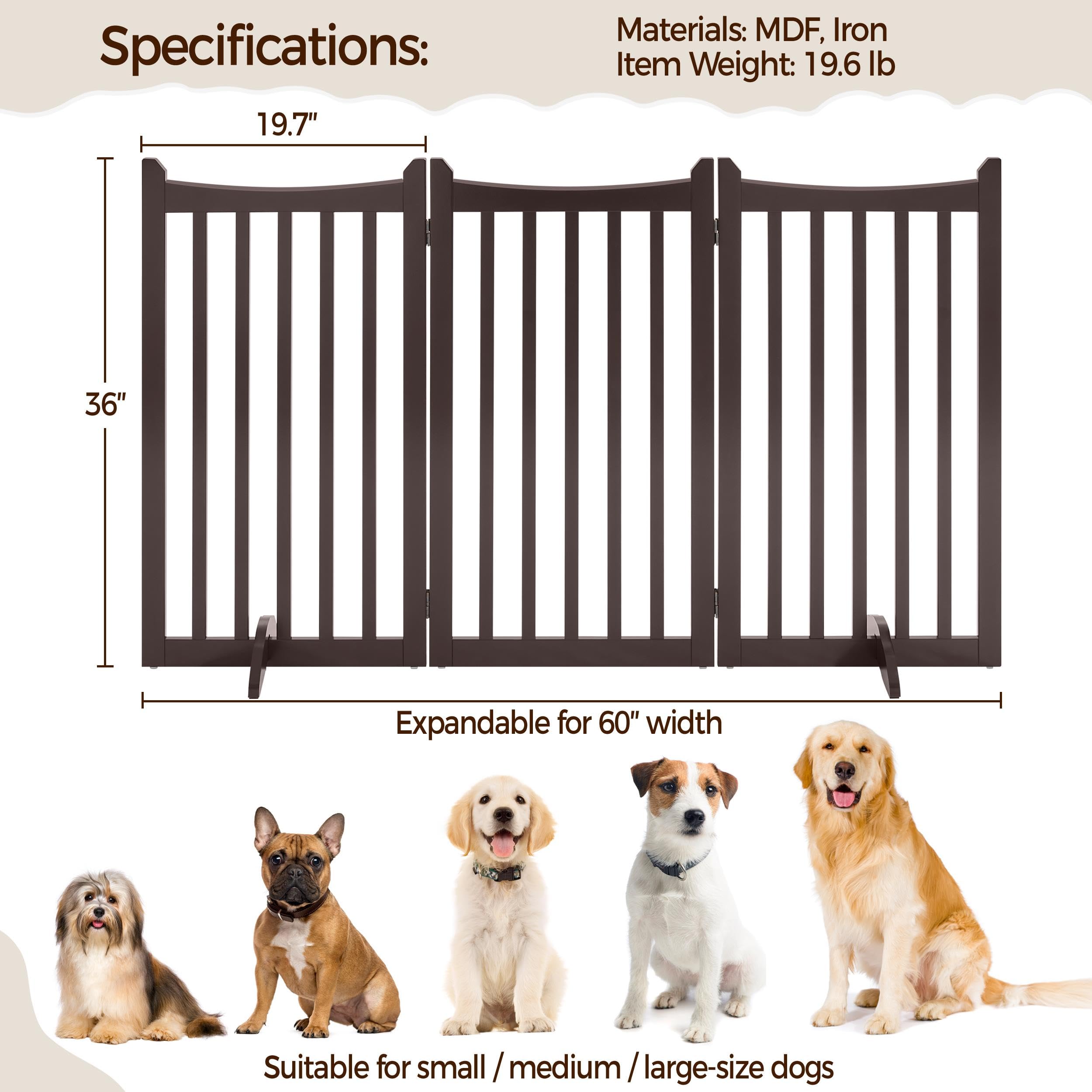 Yaheetech 36" H Extra Tall Freestanding Pet Gate - 3-Panel Wooden Dog Fence, Espresso, 60" L x 36" H, Ideal for Indoor Use