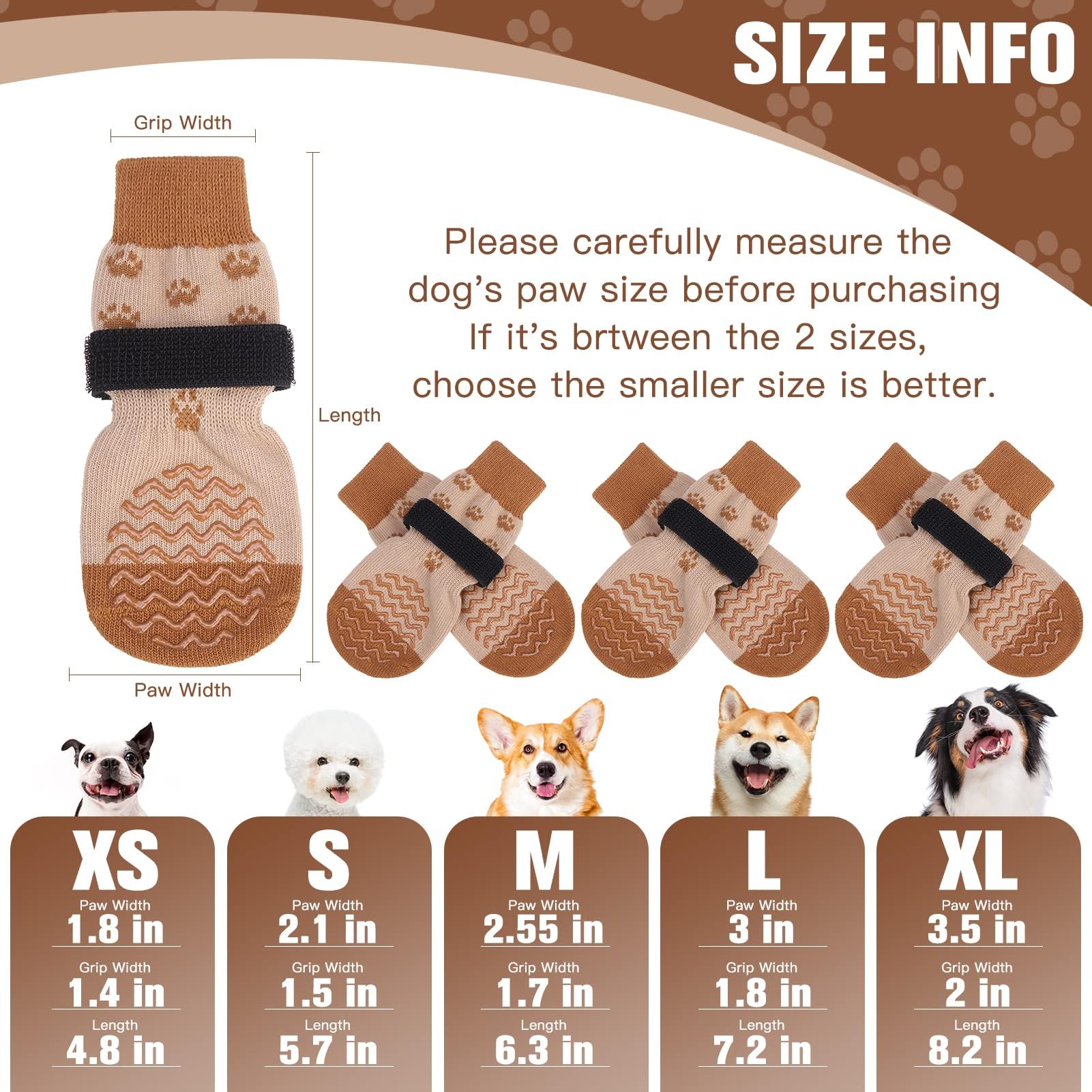 EXPAWLORER Anti-Slip Dog Socks - Medium Brown Paw Protectors for Hot/Cold Pavement, Prevents Licking & Slipping