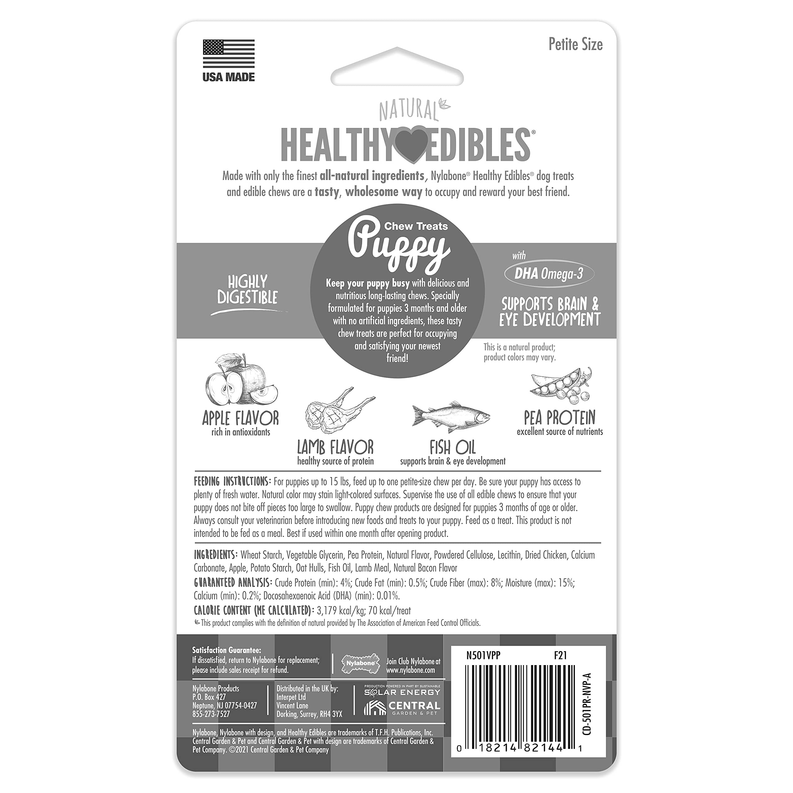Nylabone Healthy Edibles Natural Puppy Chews Long Lasting Lamb & Apple Flavor Treats for Puppies, X-Small/Petite (4 Count)