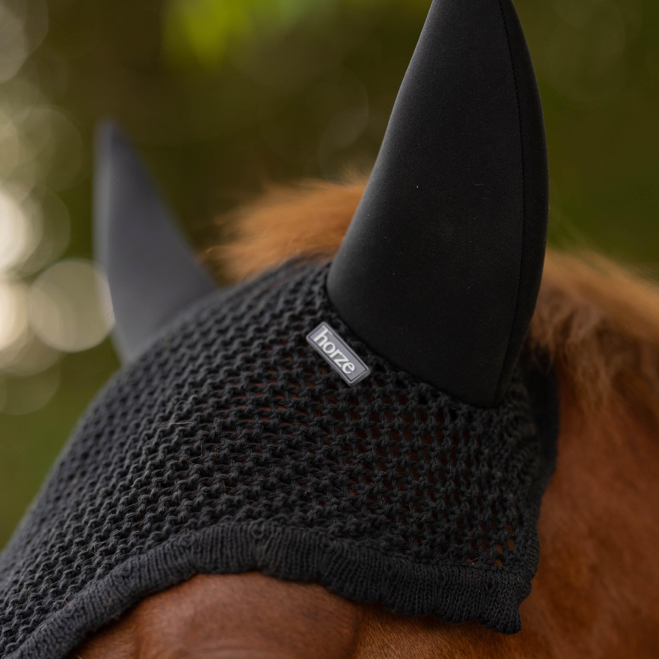 HORZE Supreme Silent Crochet Ear Bonnet - Sound Dampening Fly Protection for Sensitive Horses - Black - Horse
