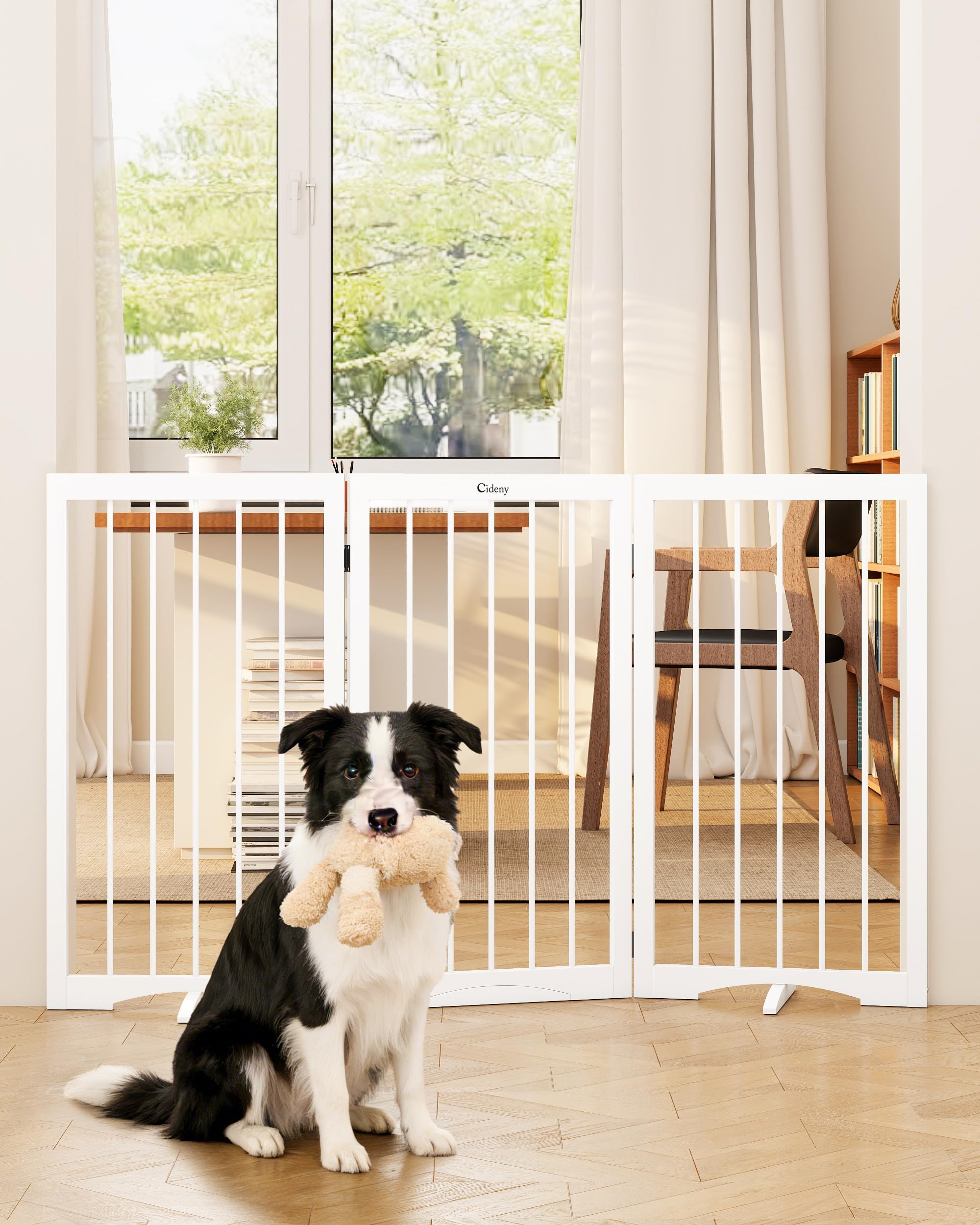 Cideny 32 Extra Tall Freestanding Dog Gate, Foldable Pet Gate for Doorways Stairs Hallways, 3-Panel Dog Fence with Support Feet 