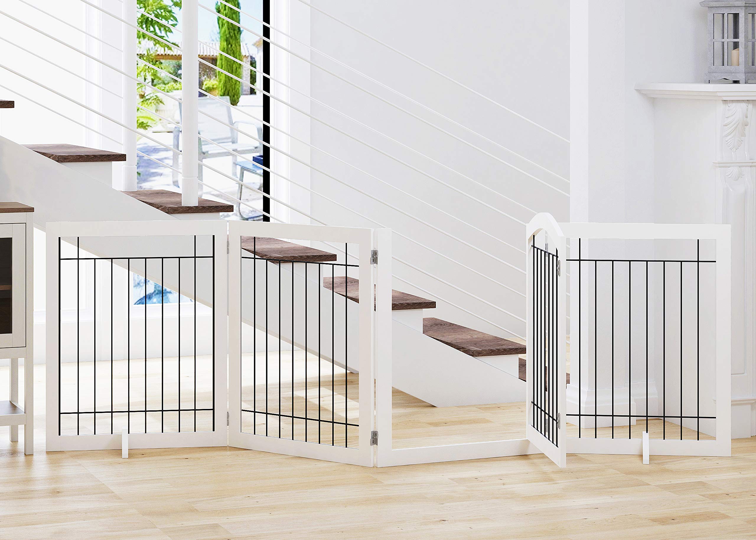 Spirich 96-Inch Extra Wide 30-Inches Tall Dog Gate With Door Walk Through, Freestanding Wire Pet Gate For The House, Doorway, Stairs, Pet Puppy Safety Fence, Support Feet Included (White)