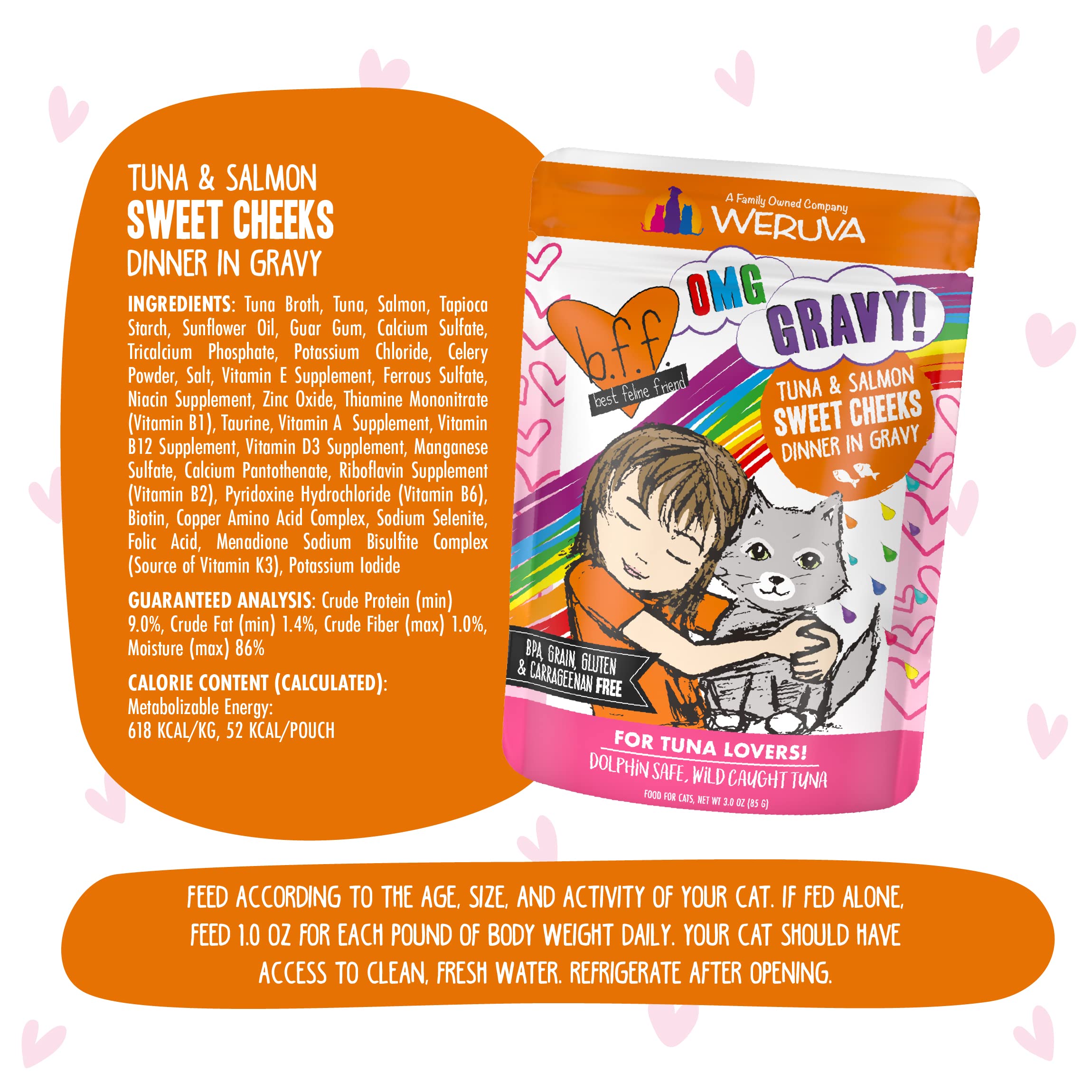 Weruva B.F.F. OMG - Best Feline Friend Oh My Gravy!, Tuna & Salmon Sweet Cheeks with Tuna & Salmon in Gravy Cat Food, 3oz Pouch