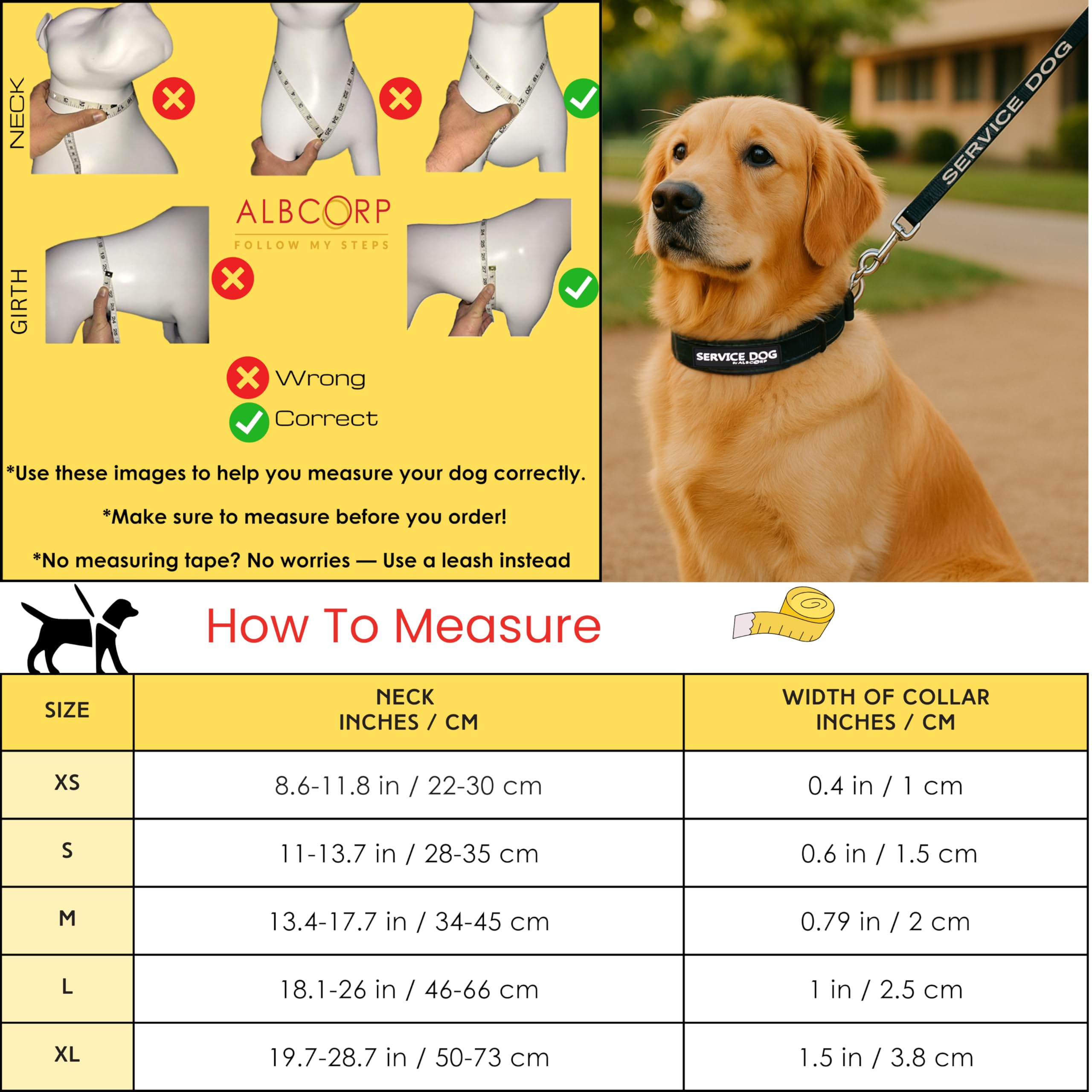 Albcorp Reflective Service Dog Collar - Sizes Xs To Xl (8.6-28.7 Inches), Service Dog Rubber Patch, Neoprene-Padded Comfort & Hi