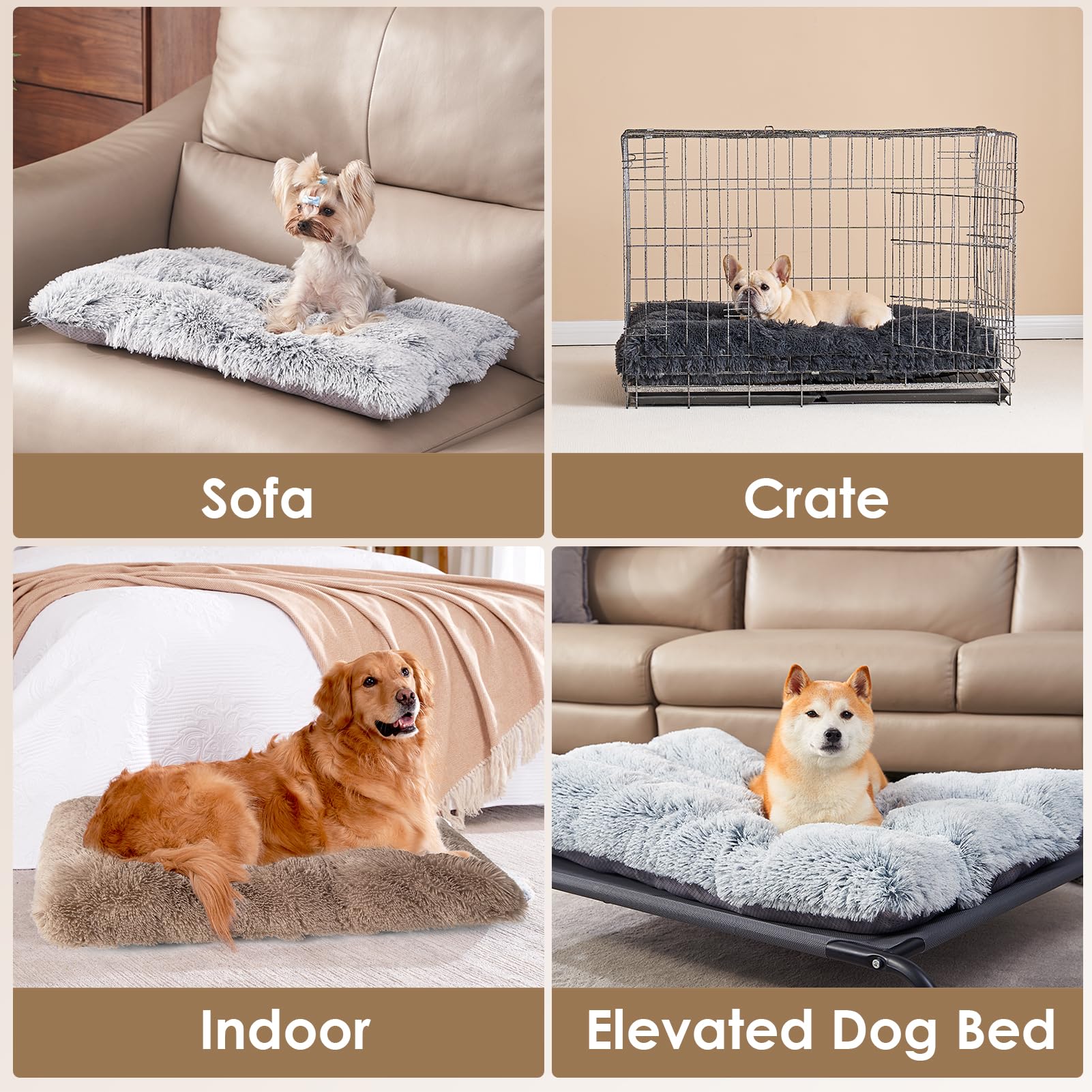 Eheyciga Fluffy Xxl Dog Crate Pad, Plush Faux Fur Dog Bed For Extra Large Dogs, Calming Anti Anxiety Xxl Dog Bed For Crate, Washable Soft Warm Dog Crate Mat With Non-Slip Bottom, Camel