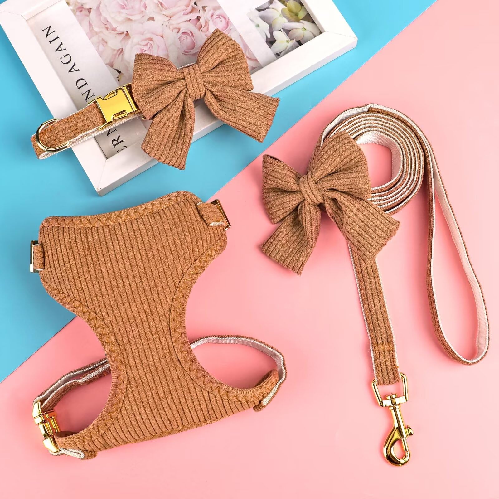 Didog Cute Small Dog Harness Collar & Leash Set, Adjustable Dog Collars And Leashes With Bowtie, Breathable Soft Mesh Padded Dog