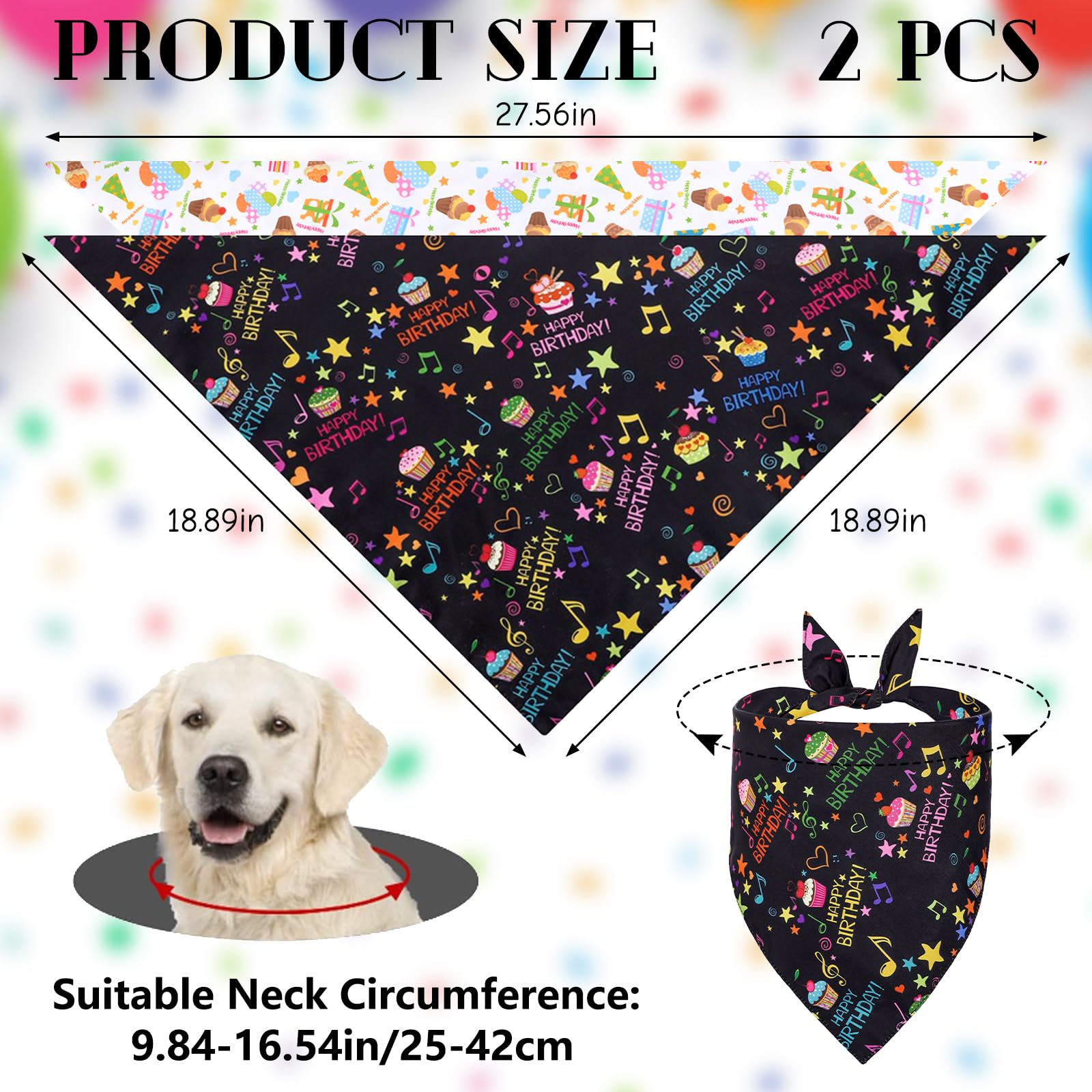 Urroma Happy Birthday Dog Bandanas, 2 Pcs Printing Unique Shape Adjustable Fit Kerchief Scarf For Small To Large Dog Puppy Cat