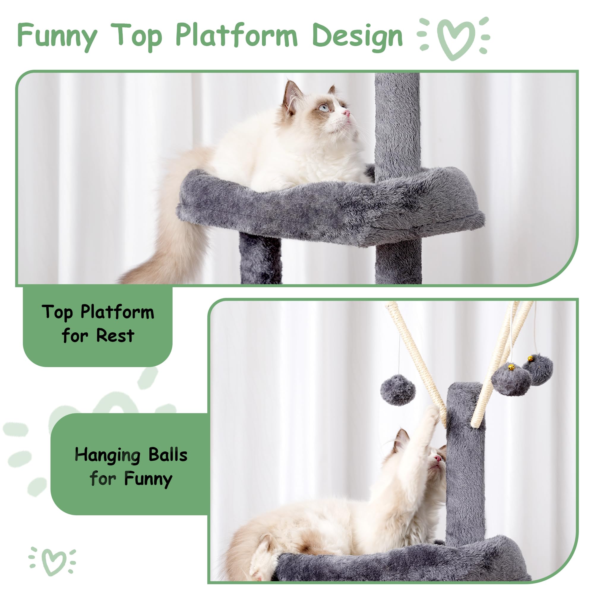Gitelsnour Cat Tree - Multi-Level Cat Tower with Scratching Post, Hammock, 63" Engineered Wood, Smoky Gray, Model GCT011G
