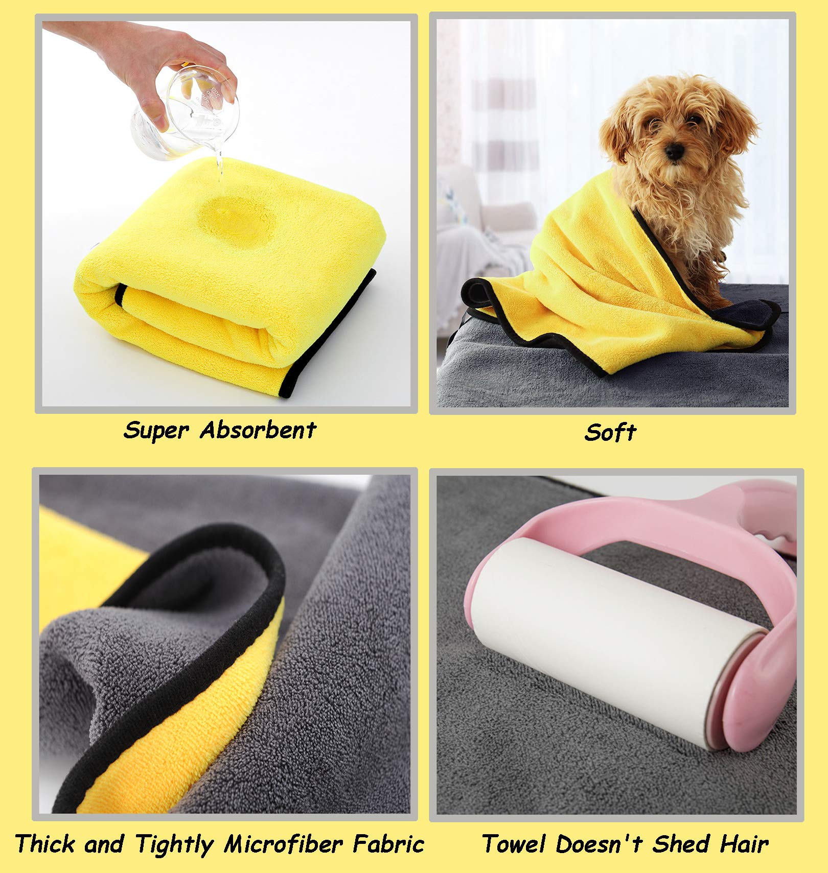 Kwispel Dog Bath Towel - Super Absorbent Microfiber Dog Towel For Small Medium Large Dogs And Cat, Yellow & Grey 19.7' X 39.4'