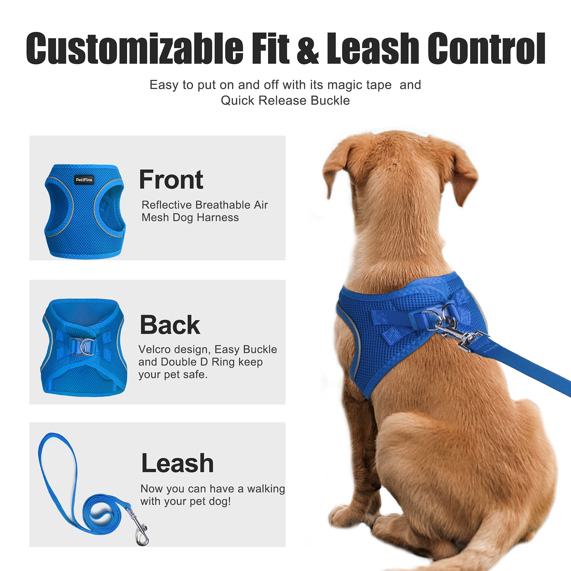 PetiFine Step-in Small Dog Harness & Leash Set, Breathable Mesh, XS, Light Blue, Escape Proof, Reflective