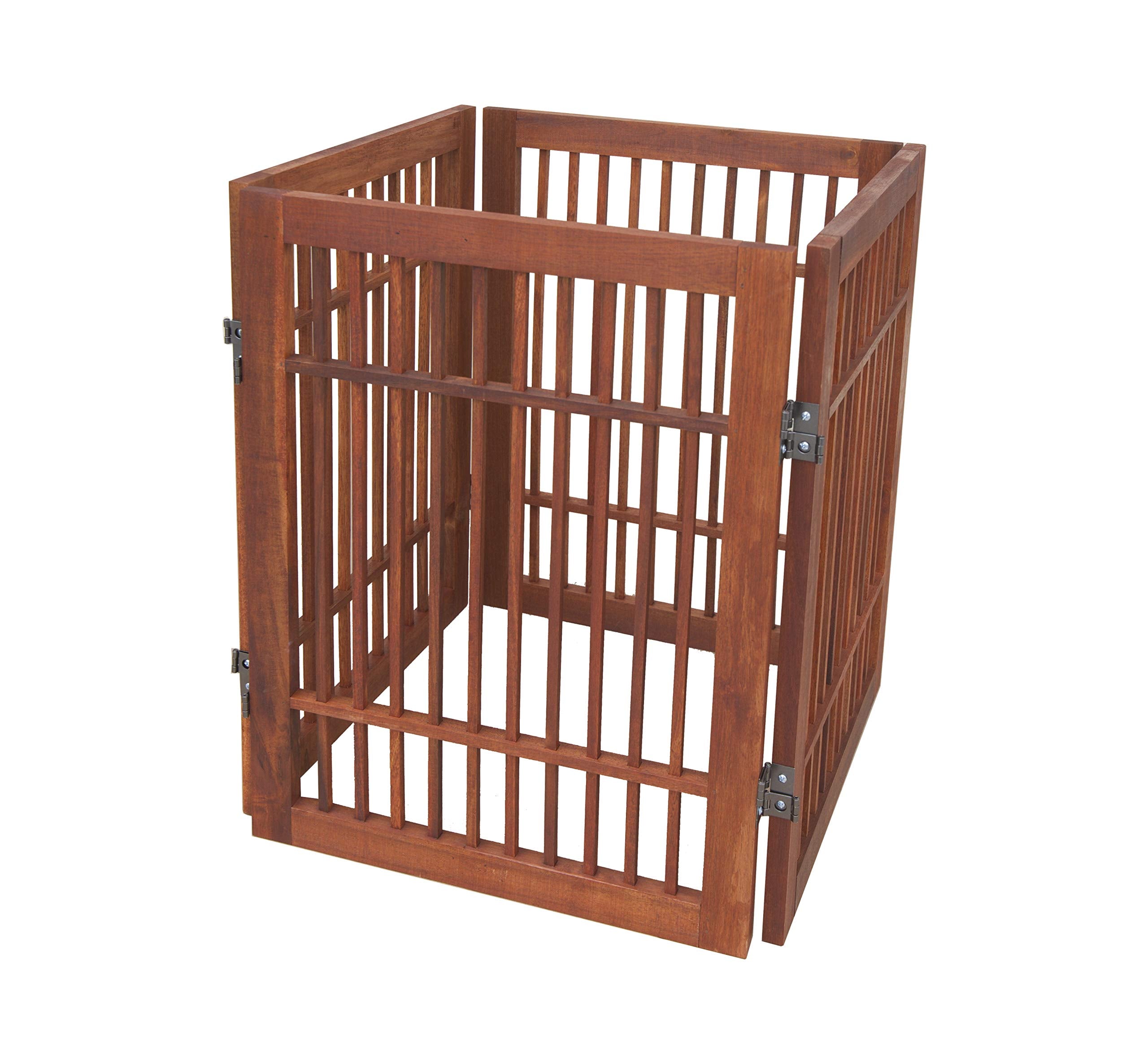 Pet Dog Gate For Doorways Strong And Durable Freestanding Expandable Folding Acacia Wood Hardwood Portable Wooden Fence Indoors Or Outdoors By Urnporium (Brown Pet Gate, 4 Panel 24' Tall)