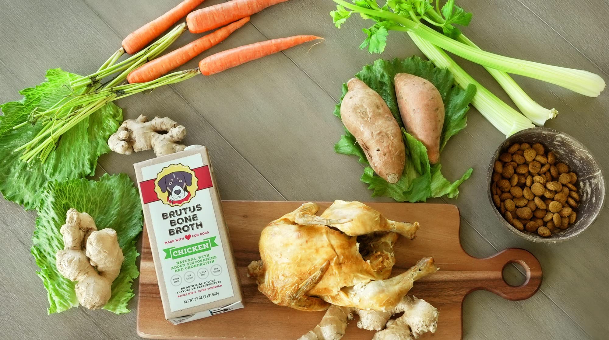 Brutus Chicken Broth for Dogs - All Natural Chicken Bone Broth with Chondroitin Glucosamine Turmeric -Human Grade Food Toppers f