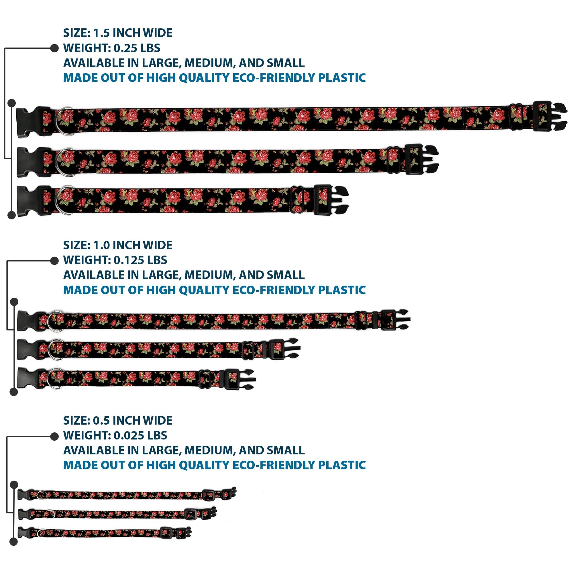 Buckle-Down 13-18 Red Roses Scattered Black Plastic Clip Collar, Wide Small