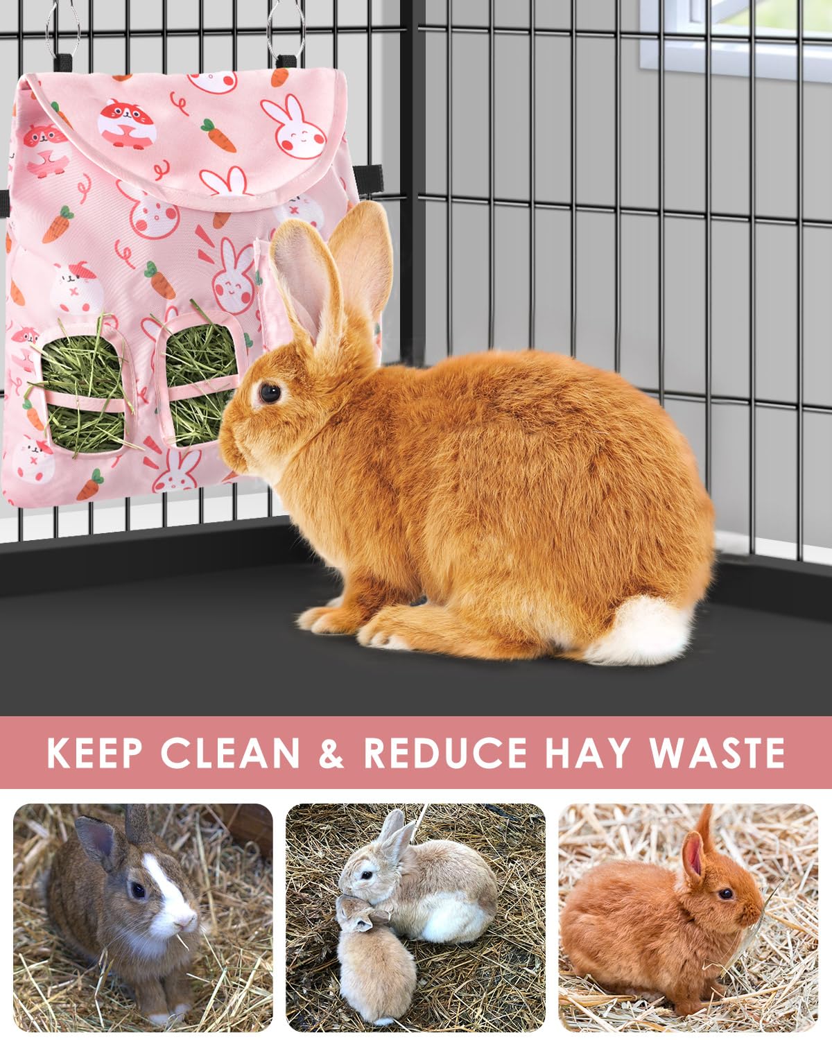 Bissap Rabbit Hay Feeder Bag, 2 Holes Hanging Hay Feeder Guinea Pig Hay Bag With Side Pocket For Rabbits Bunny Chinchillas Hamst