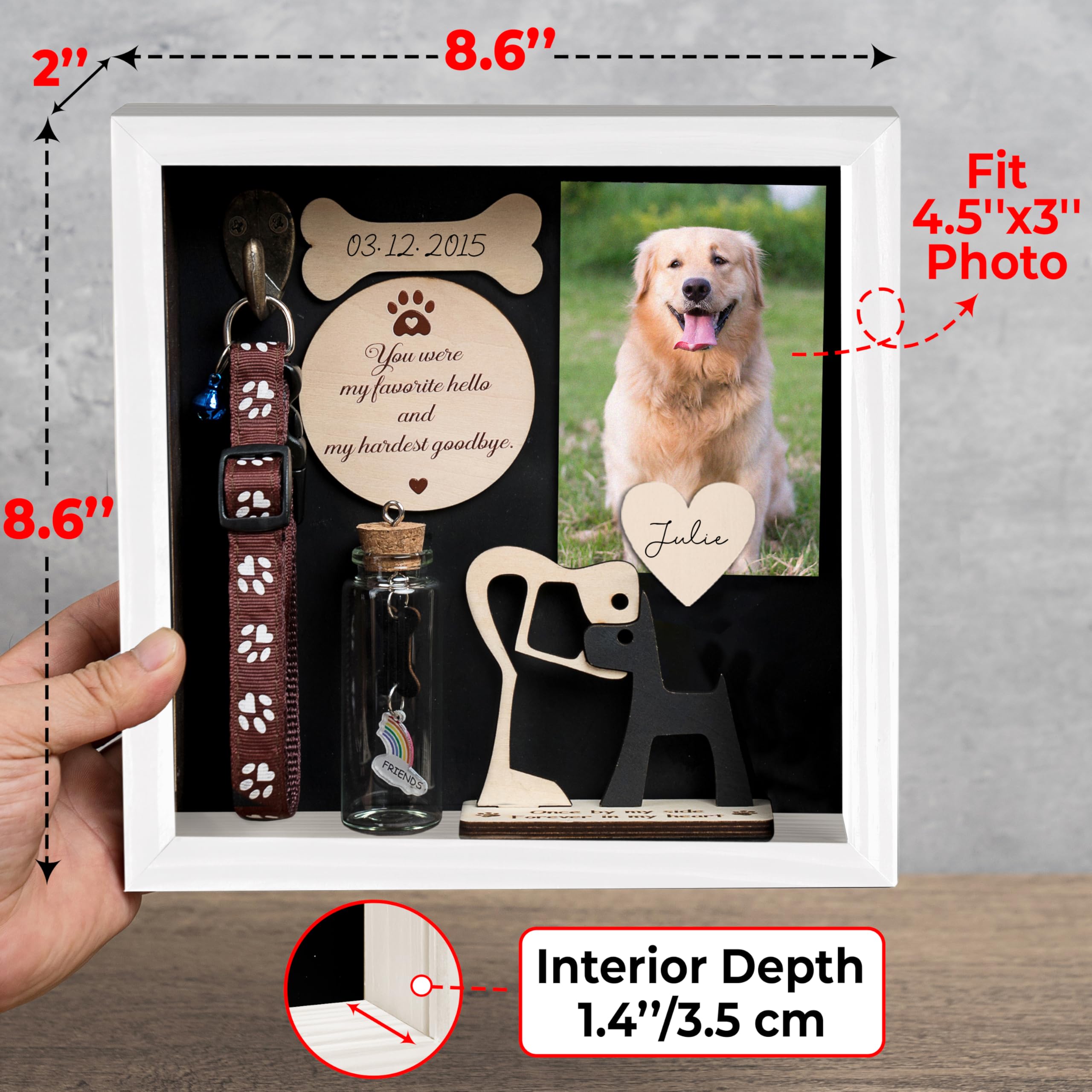 8.6'' Pet Memorial Shadow Box Gift Collar Holder White Picture Frame Paw Print Kit Rainbow Fur Ashes Bottle Pet Wood Sculpture S