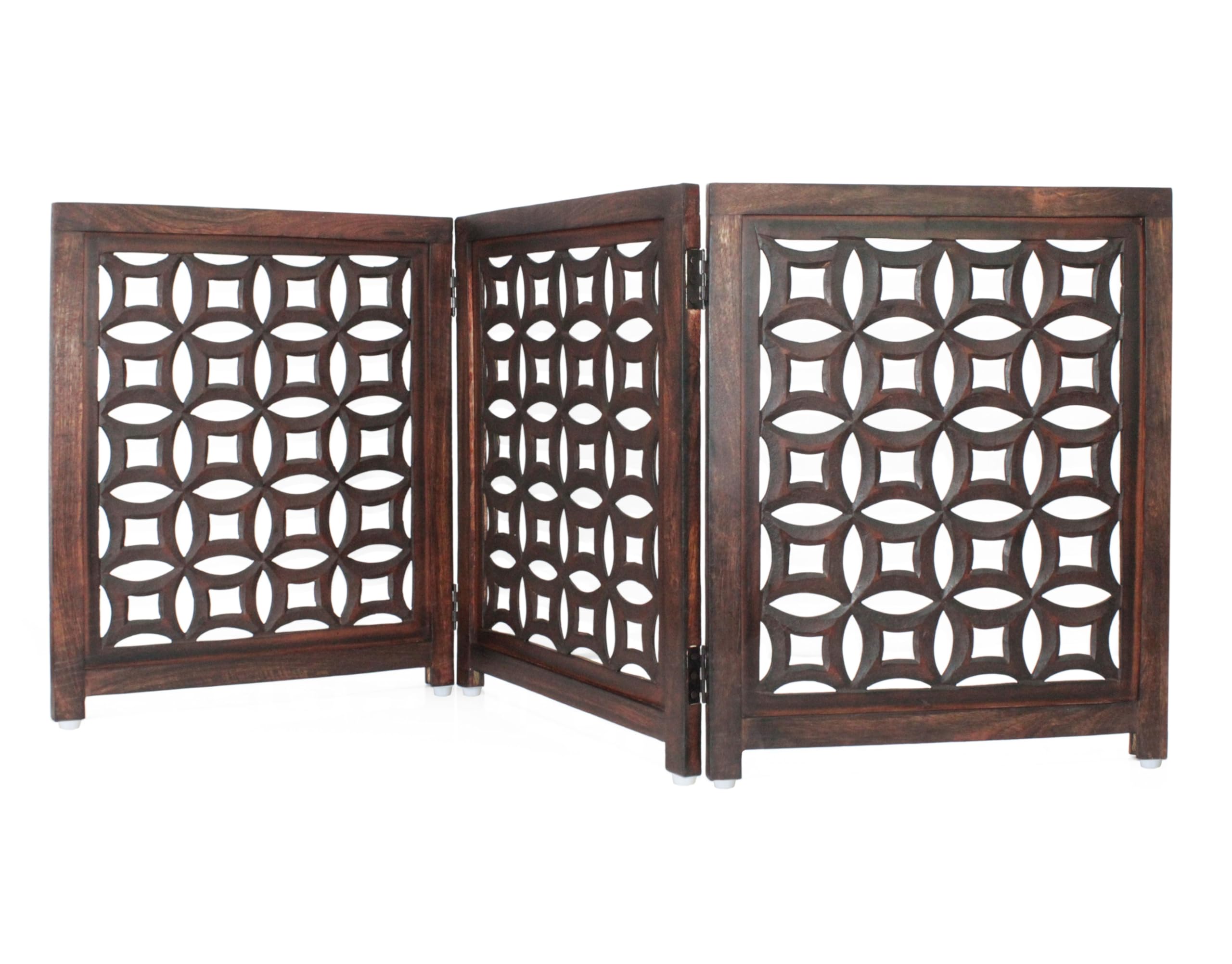 Wooden Foldable Pet Dog Safety Gate -3 Panels 20Wx24H- Hand Carved Solid Wood And MDF - Free Standing Portable Indoor Doorway Ha