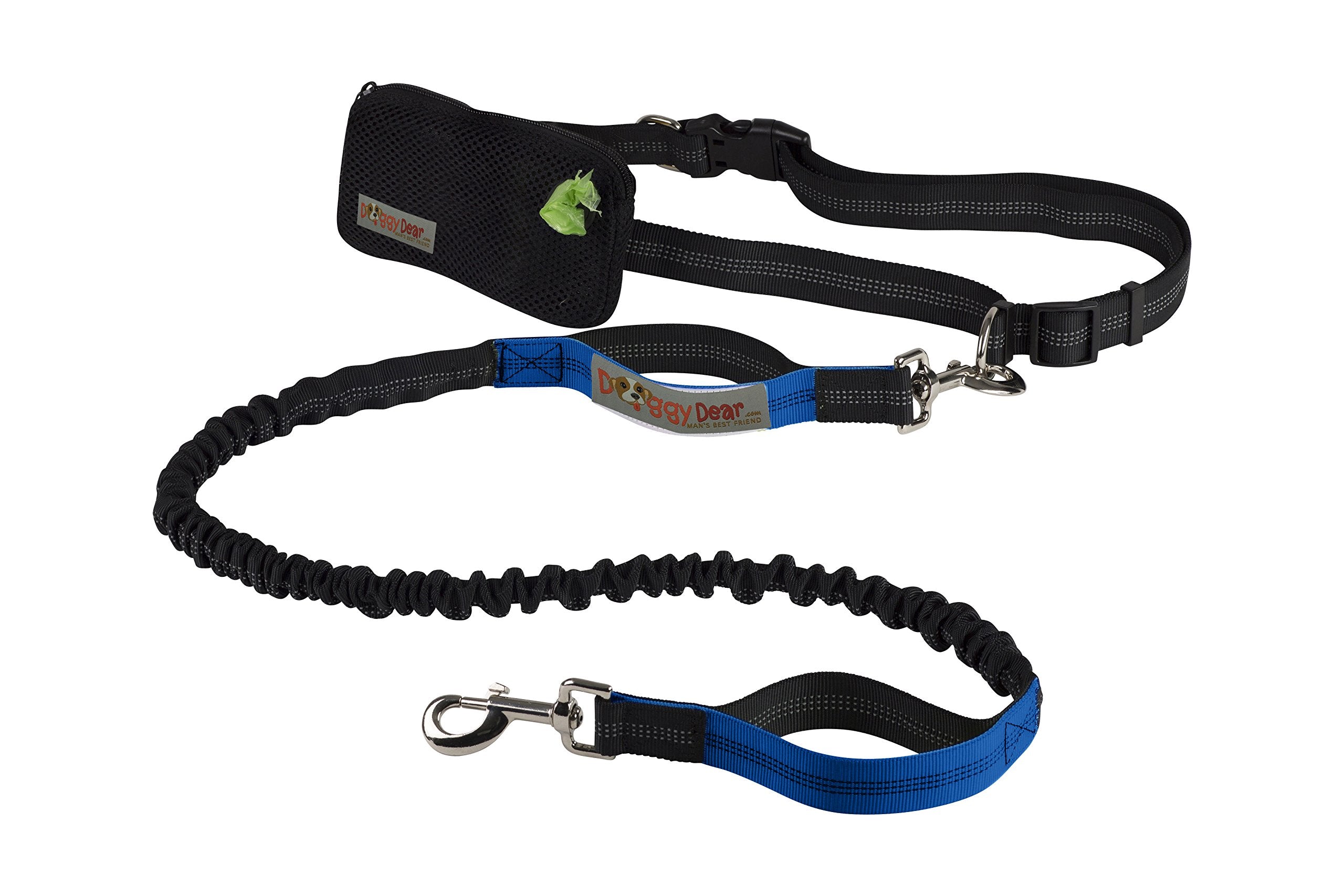 Doggy Dear Retractable Hands Free Dual Bungee Dog Leash for Running, Walking, Hiking, Reflective Stitching