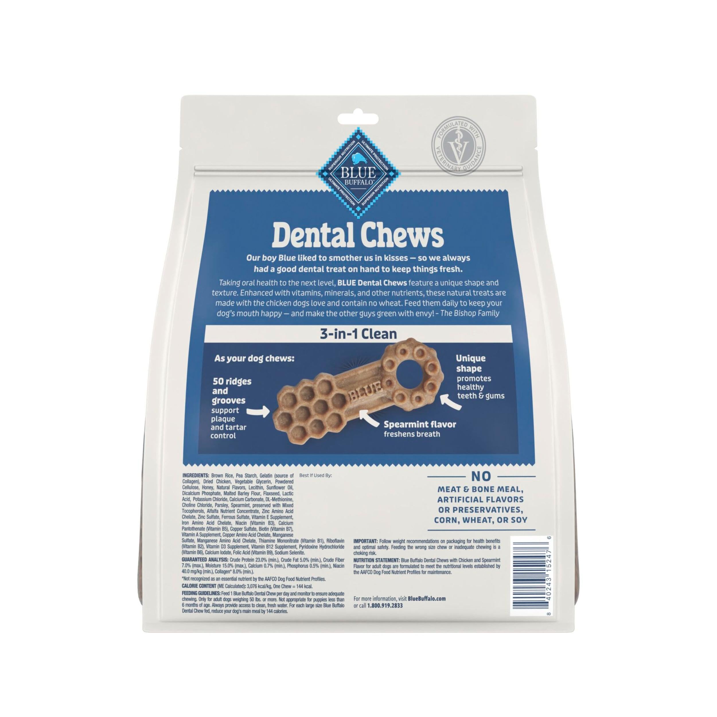 Blue Buffalo Dental Chews Large Natural Dog Treats, Chicken & Spearmint 33-oz Bag (21 Count)