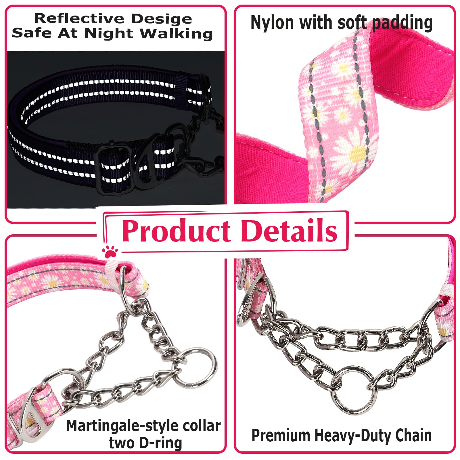 Martingale Collar For Dogs With Pink Daisy,Reflective Nylon Adjustable No Pull Dog Training Chain Collar Training, Walking, Hunt
