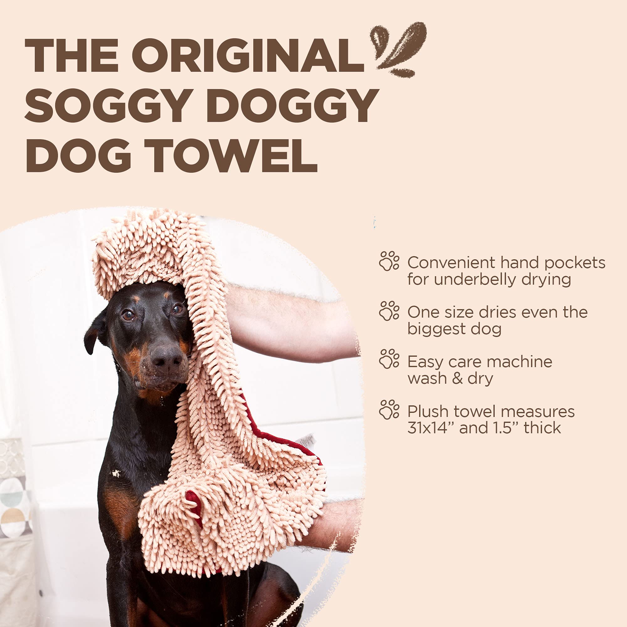 Soggy Doggy Super Shammy Dog Towel, Washable Microfiber Dog Towels For Drying Dogs And Cleaning Paws, Fast-Drying Dog Bath Towel With Hand Pockets, Beige/Red Trim, 31 X 14 Inches