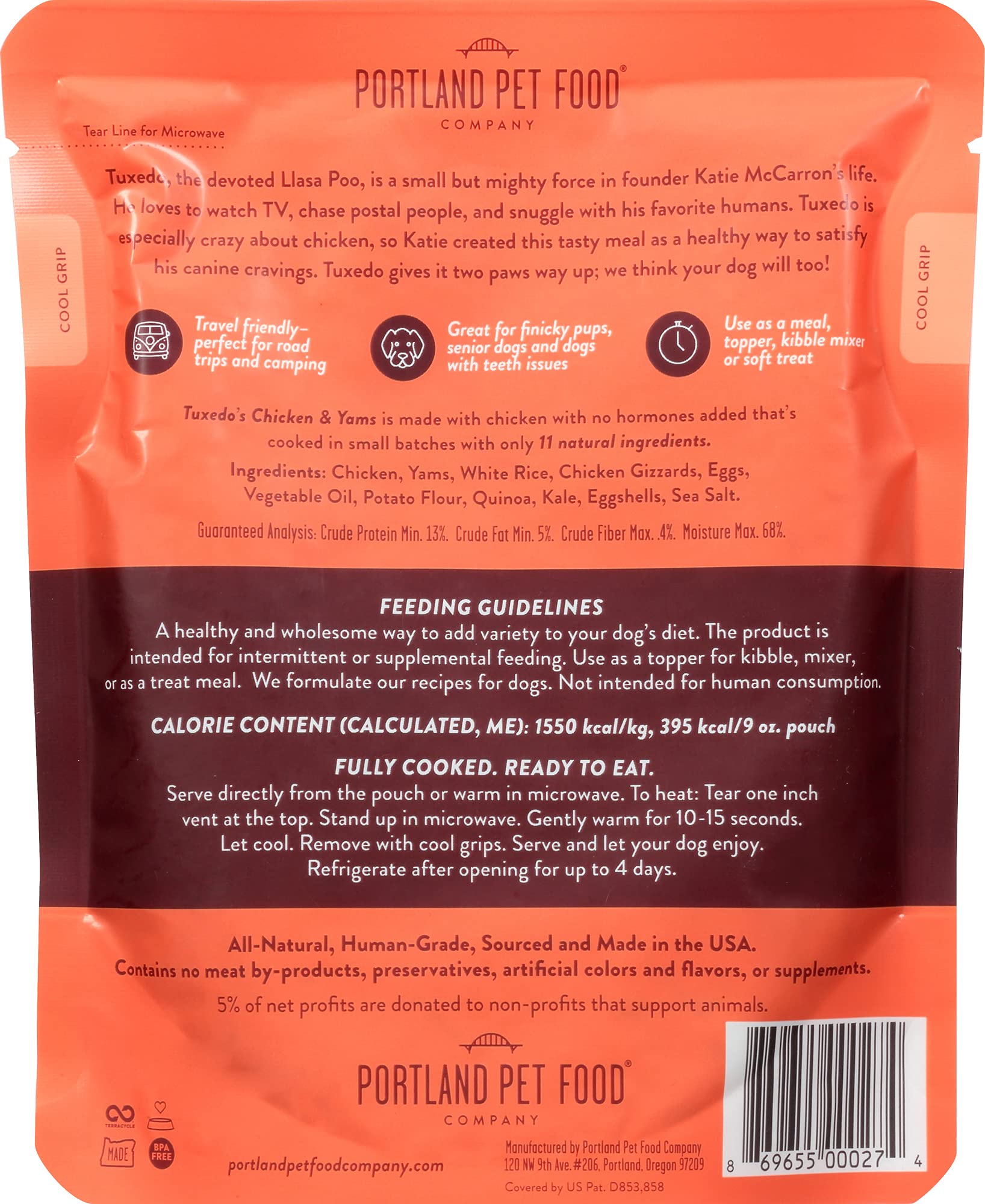 Portland Pet Food Company Tuxedos Chicken & Yams Fresh Dog Food Pouches - Human-Grade, Gluten-Free Wet Pet Meal Topper & Mixers