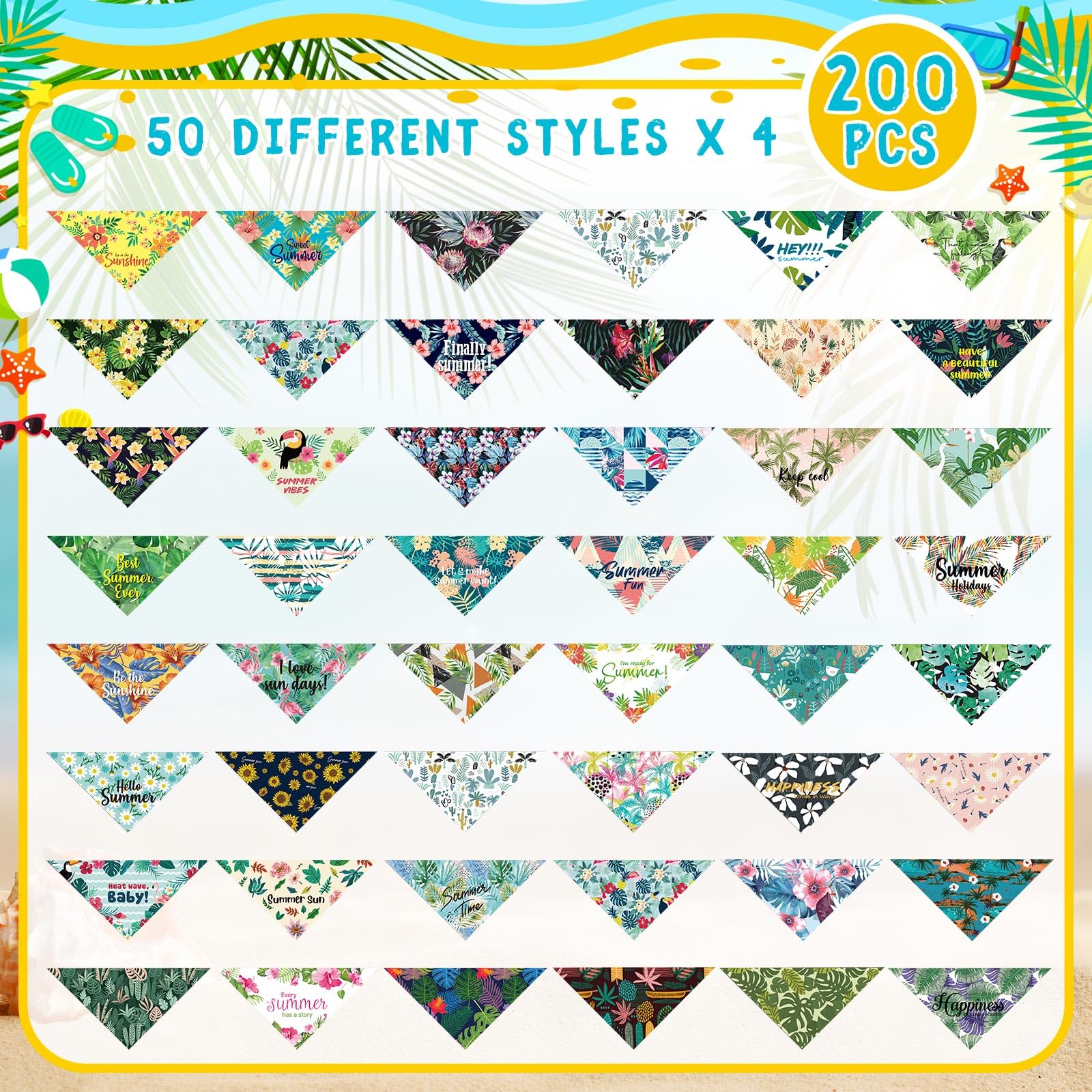 Kacctyen 200 Pcs Dog Bandanas For Summer Bulk Hawaiian Pattern Pet Scarf Bibs Adjustable Washable Kerchief Seasonal Pet Accessor