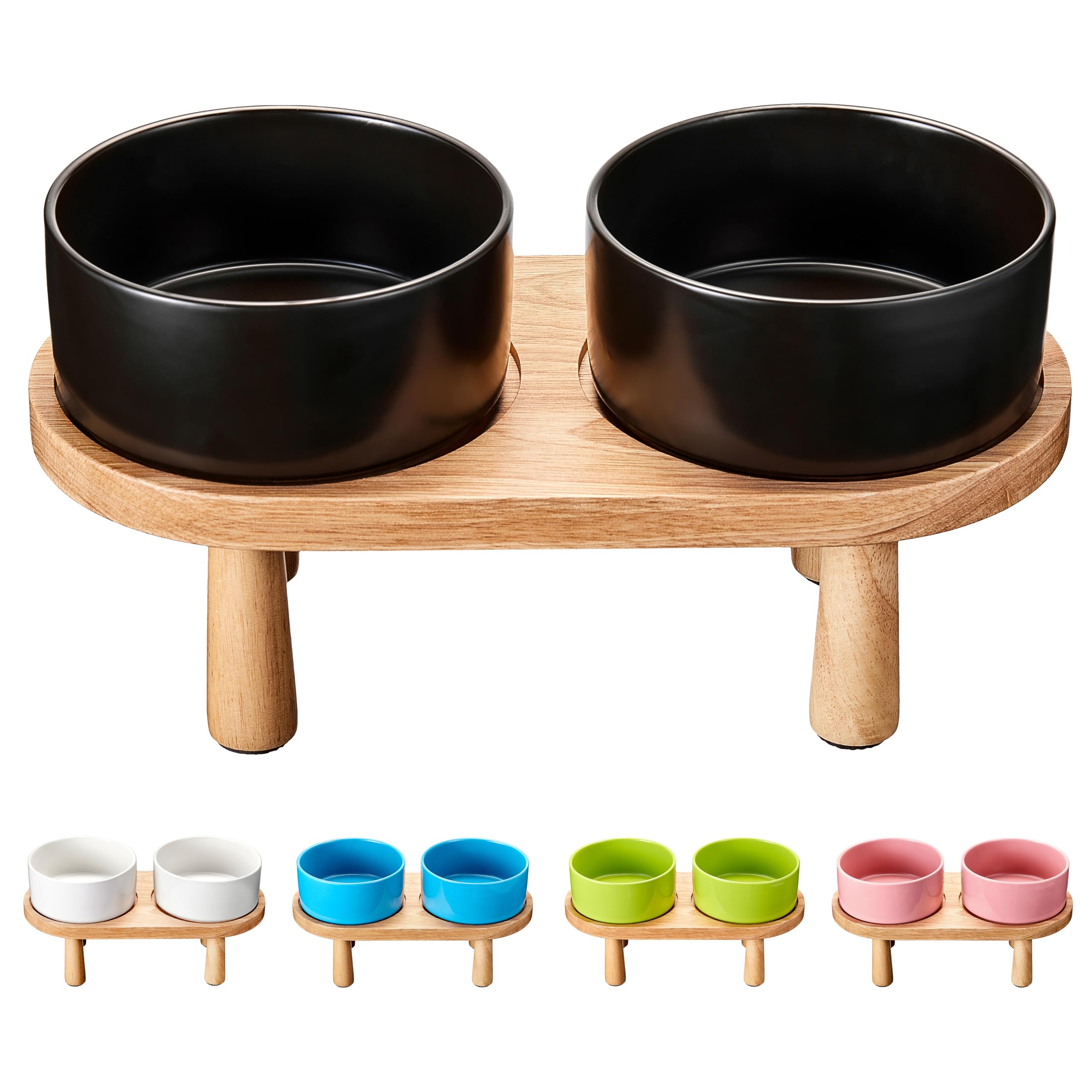 MOPANG Ceramic Elevated Dog Bowls, Pet Food and Water Bowl Set for Medium and Small Dogs, 3.5 Cups Dog Bowls Raised with Wood St