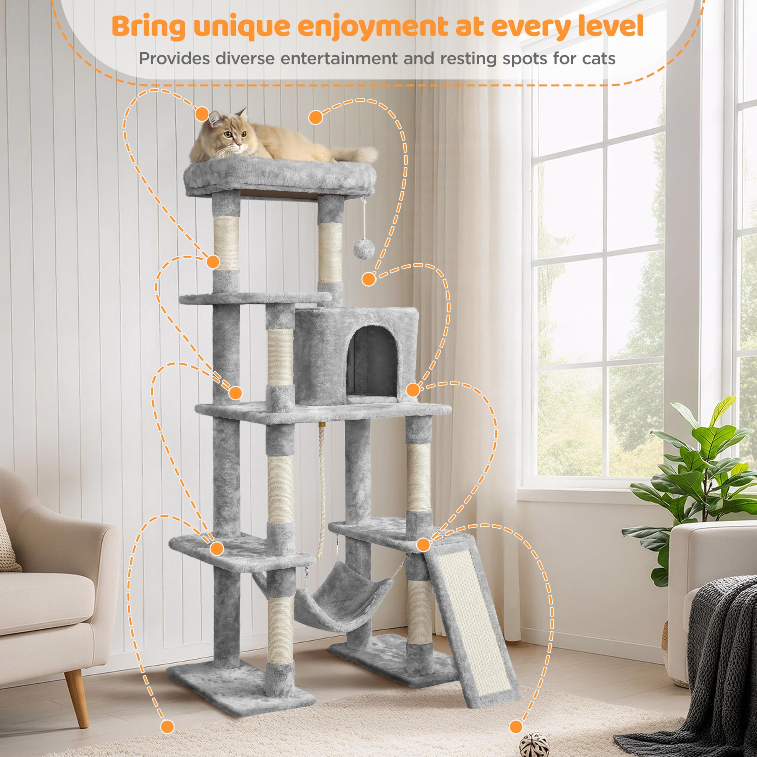 Yaheetech Cat Tree Tower 54in, Multi-Level Pet Stand Furniture with Extended Platform Hammock Scratching Posts Condo for Large C