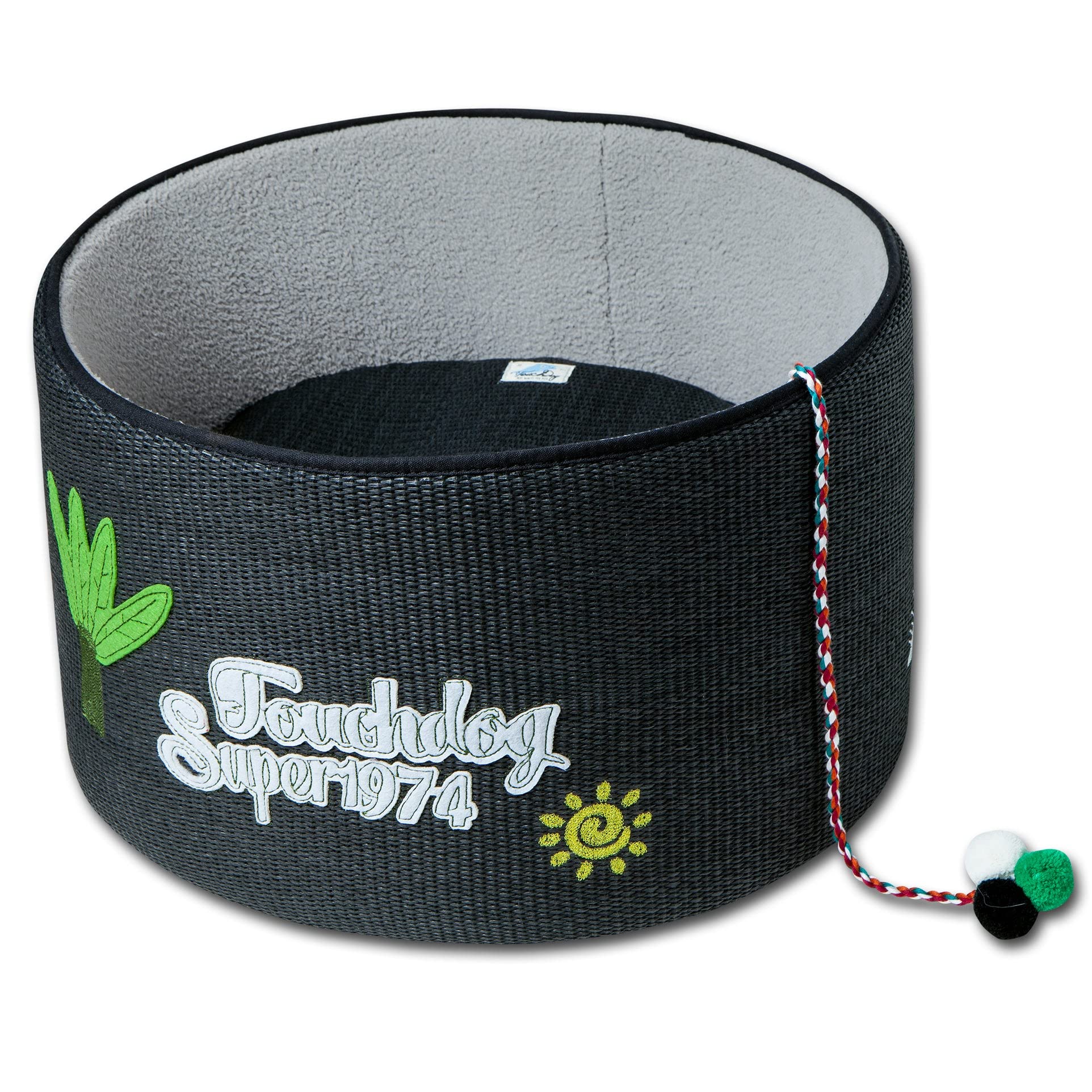 touchcat 'Clawver Nest' Rounded Cat Bed or Cat Furniture Lounge with a Carpet Cat Scratcher Exterior Shell, Reversible Cushion and Built-in Hanging Cat Teaser Toy