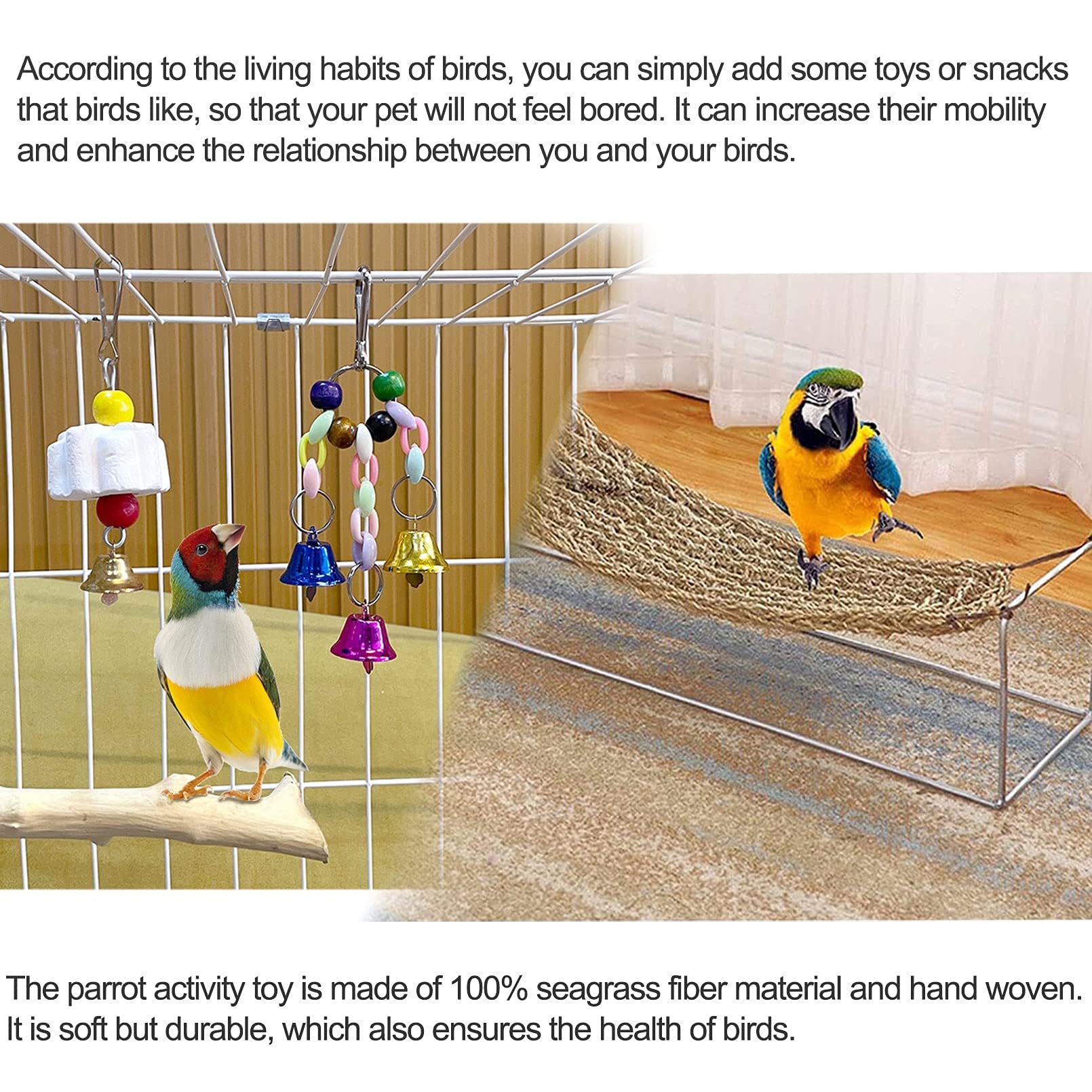 Bird Seagrass Mat,Natural Seagrass Woven Net Bird Foraging Chew Wall Toys Parakeet Hammock Mat With Hooks For Lovebird Cockatiel Conure Budgie,Size 28.3' X 6.7' And 11.81' X 11.81'(2 Pcs)