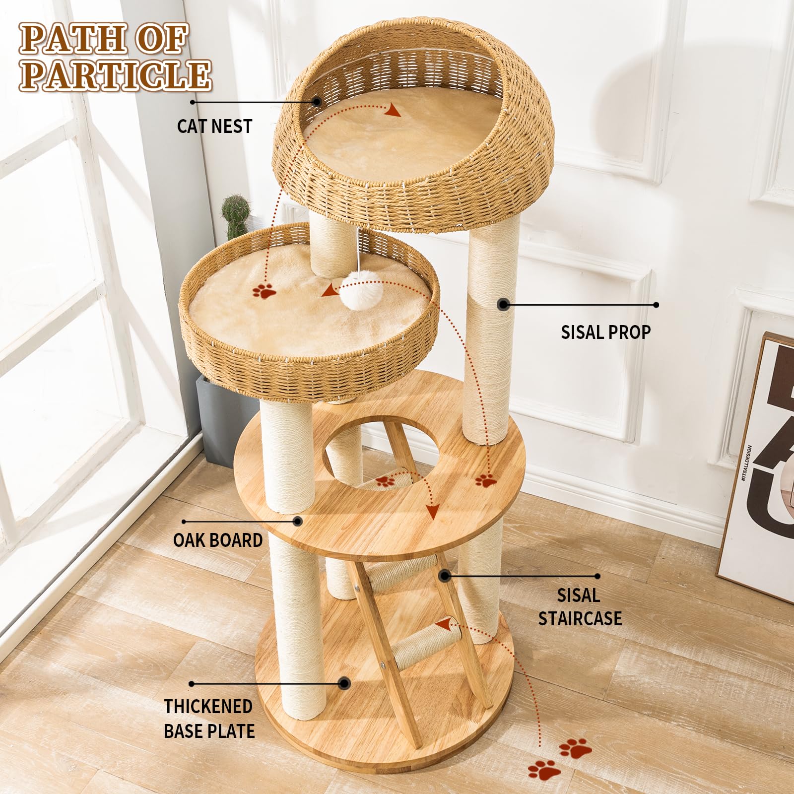Big Modern Design Cat Tree Tower, Cat Tower Sisal-Covered Scratching Posts For Indoor Cats, Natural Oak Wood Cat Tree For Large