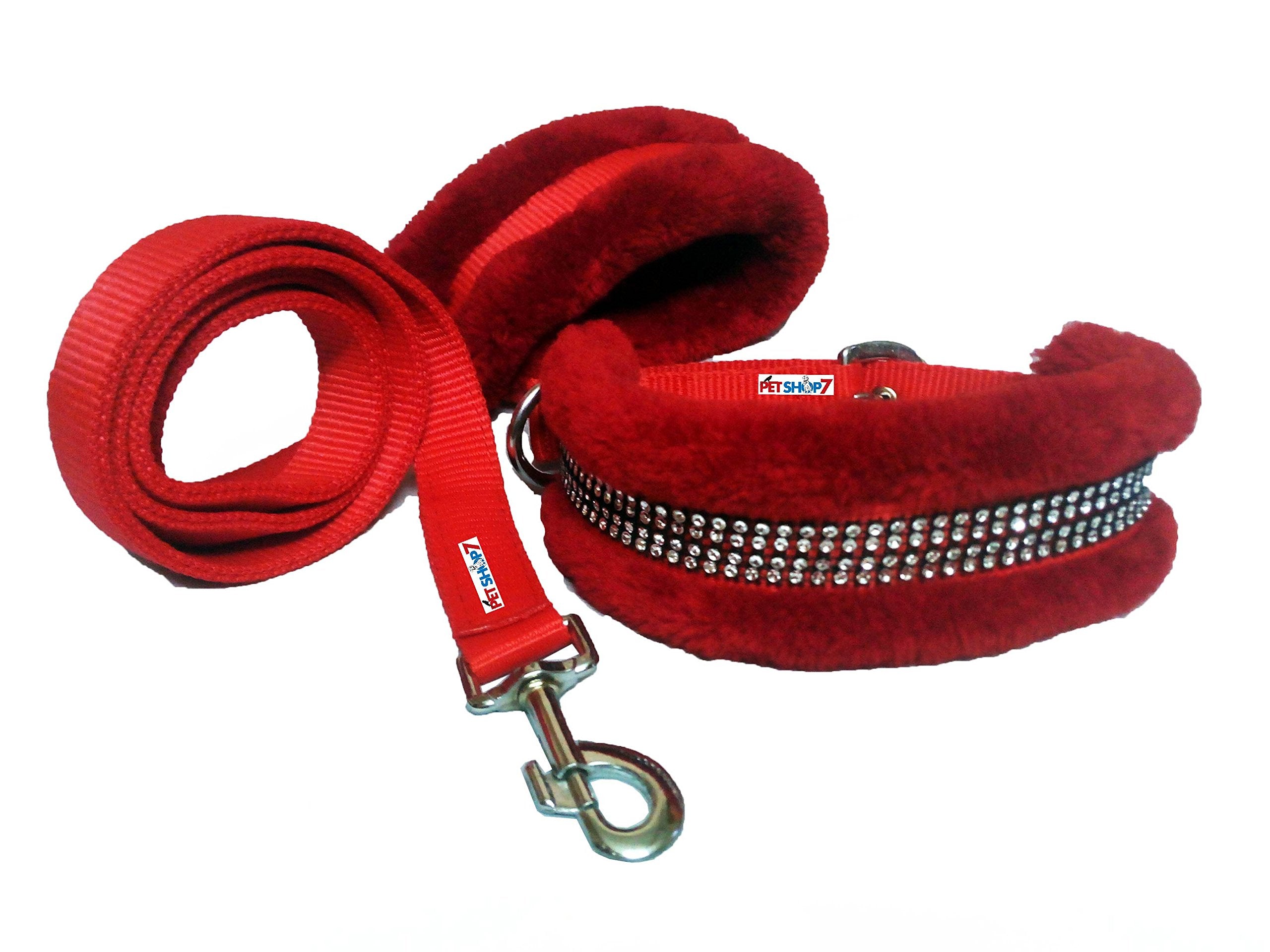 Petshop7 Nylon Nug Fur Padded Dog Collar & Dog Leash  Large (Adjustable Neck Size : 1620Inch) Red