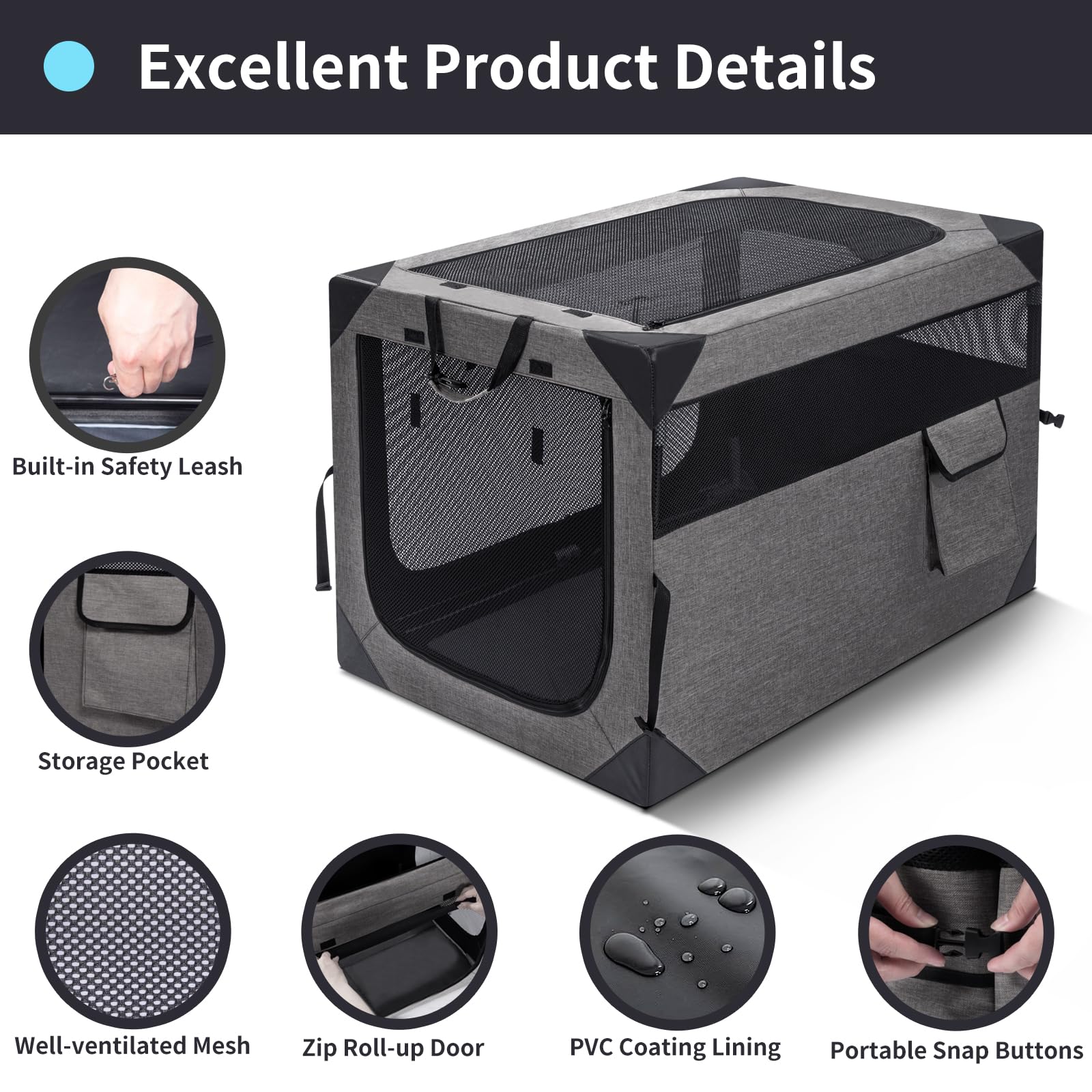 Outtsp 36 Inch Portable Travel Dog Crate, 3 Door Collapsible Soft Pet Kennel with Durable Mesh Windows for Medium Dogs, Foldable