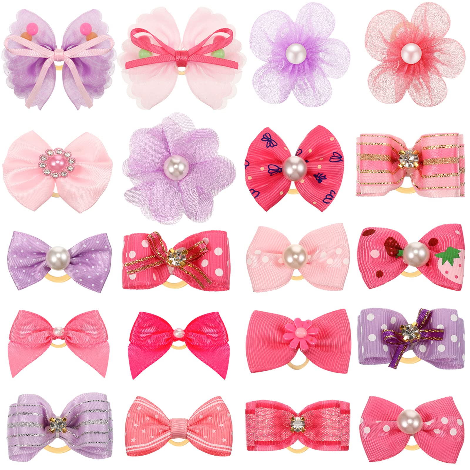 Hanaive 20 Pcs Dog Bows Small Size Dog Hair Bows for Puppy Hair with Rubber Bands Handmade Puppy with Pearls