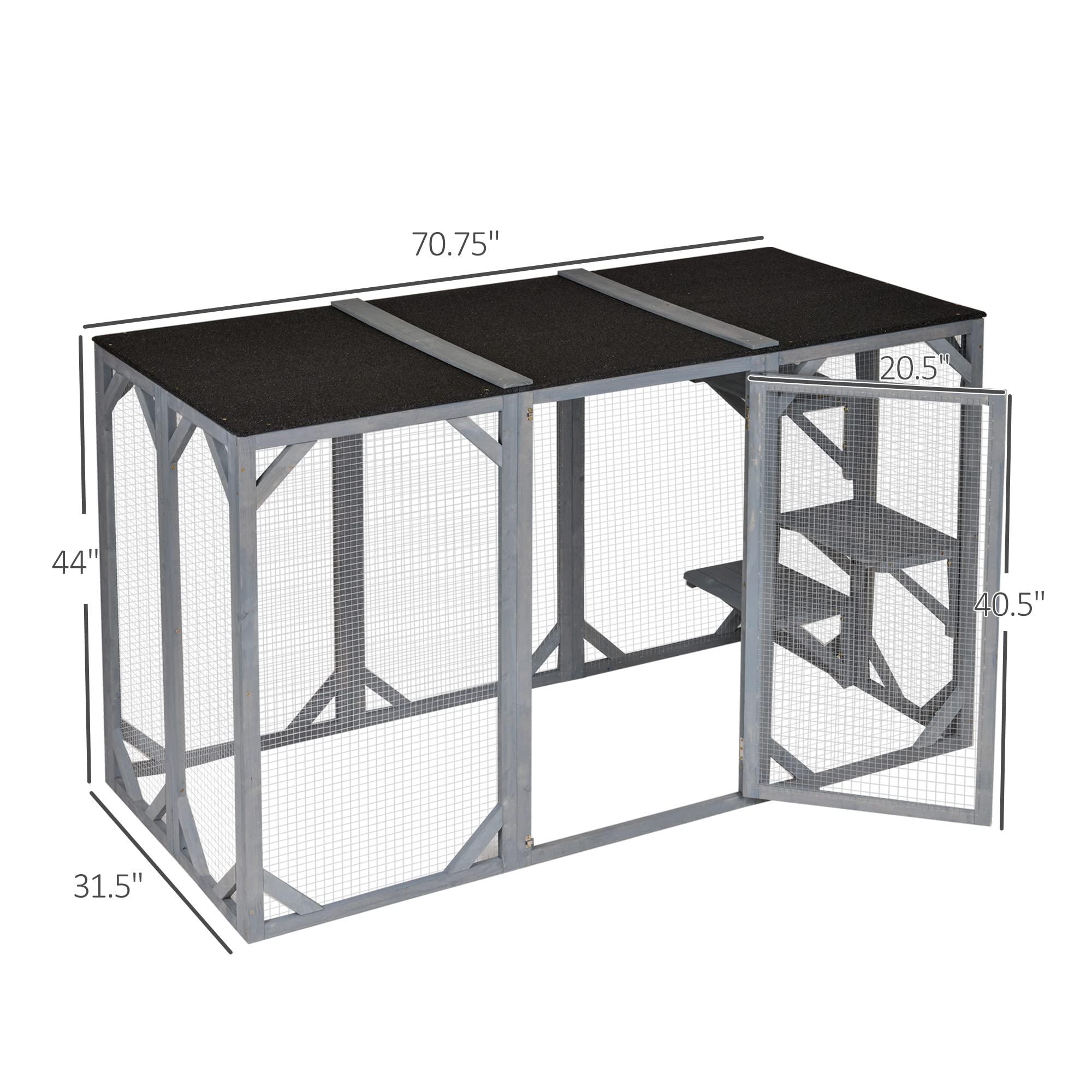 Pawhut Outdoor Cat House, Catio Wooden Feral Cat Shelter, Cat Cage With Platforms, Large Enter Door, Weather Protection Asphalt Roof, 71' L, Gray