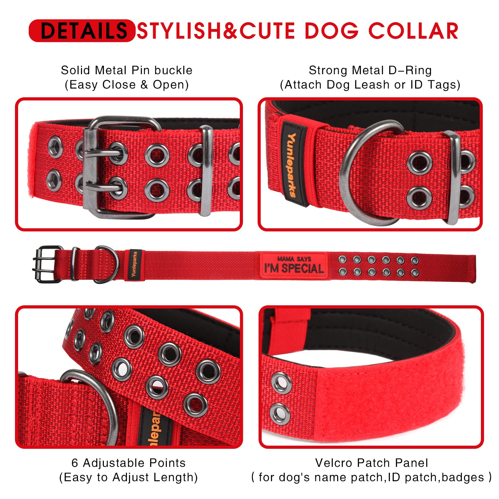 Yunleparks Tactical Collar For Medium Large Dogs, Heavy Duty Metal Buckle, Soft Neoprene Padded, Nylon Wide(Medium, Red)