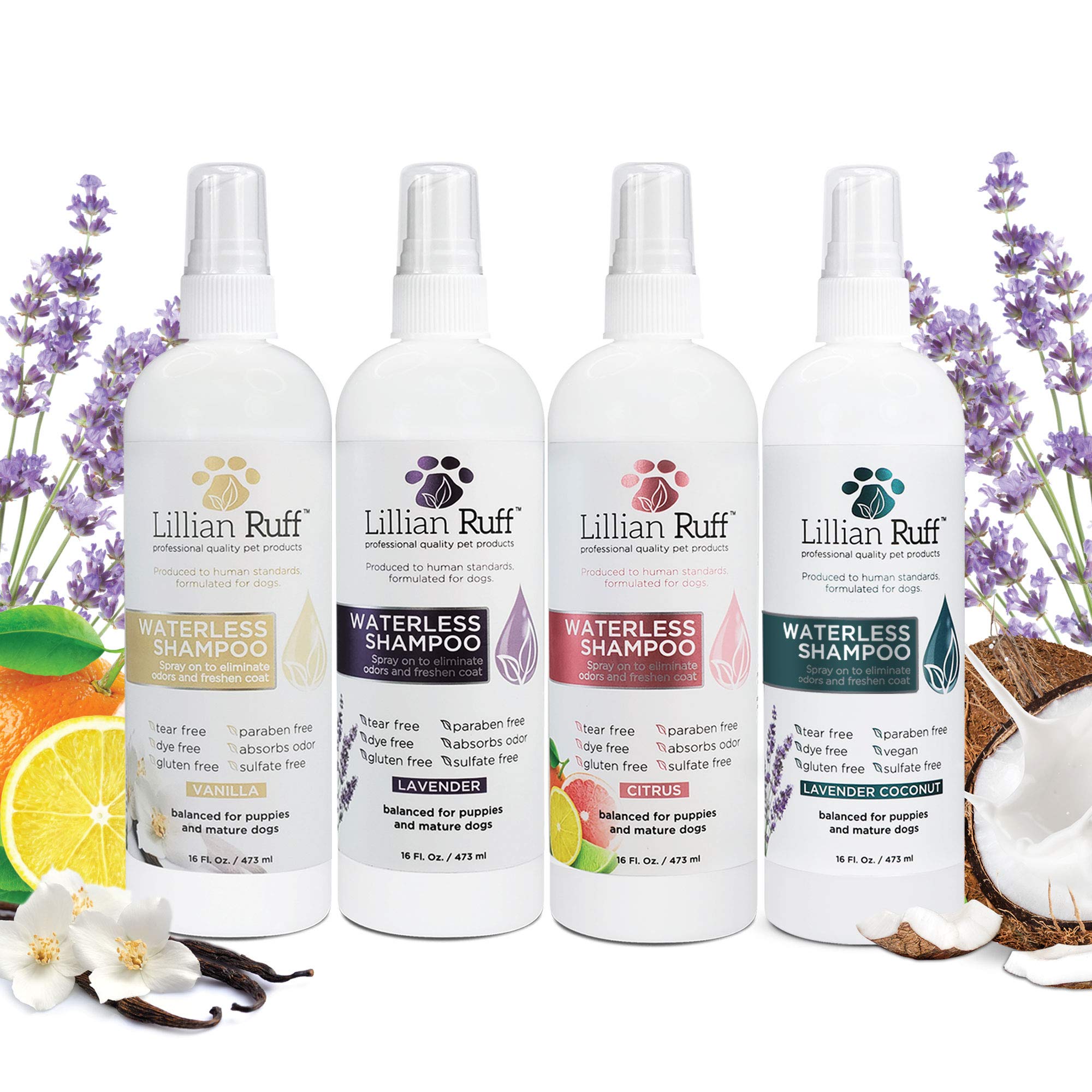 Lillian Ruff Waterless No-Rinse Dog Dry Shampoo Spray With Hydrating Essential Oils - Ph-Balanced Dry Shampoo For Dogs - Clean, Condition, Detangle & Deodorize Dry, Sensitive Skin (Lavender Coconut)