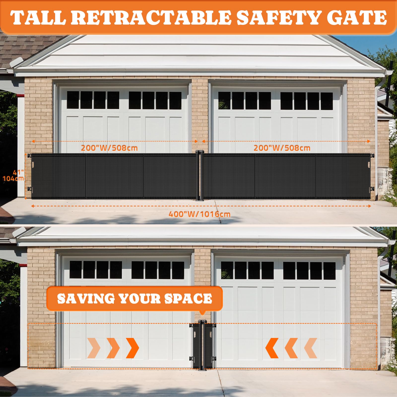 2-in-1 Retractable Baby Gates, 41 Tall Mesh Dog Gate 1-Pack, One Side Up to 200 Wide, Total 400 Wide, Long Retractable Pet Gate
