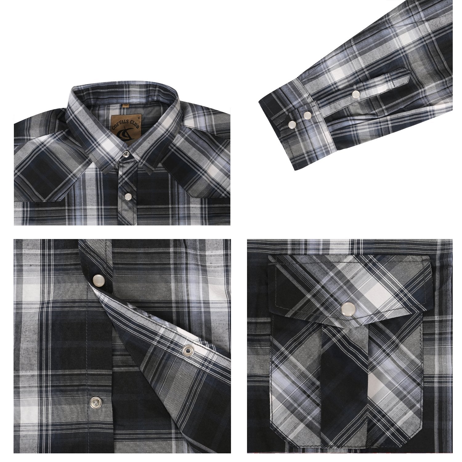 COEVALS CLUB Men's Western Cowboy Plaid Shirt, Long Sleeve, Cotton Blend, Large, Black & Gray #9, Model hccx-02-623